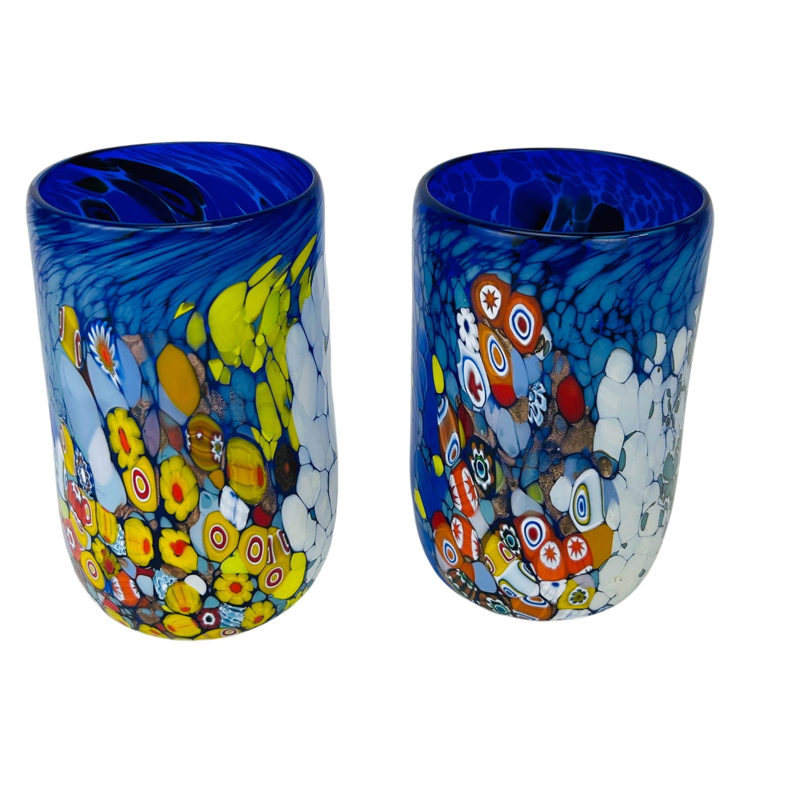 Pr Murano Art Glass Millefiori Cane Blue Tumblers (1 of 3)