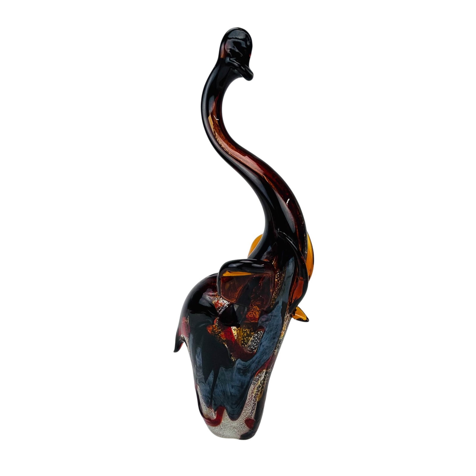 Murano Art Glass Elephant Trunk Up Sculptue SIGNED: Murano Italian studio hand blown art glass sculpture in the form of an elephant with raised trunk. Executed in freeform design. Modeled with internally cased amber, black, and red tones and metallic i