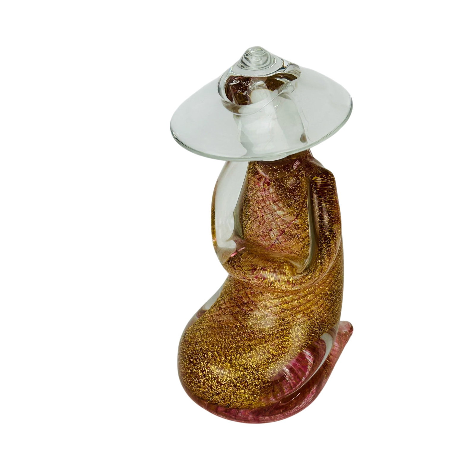 Marcello Furlan Lip Murano Glass Sculpture SIGNED: Marcello Furlan (Italian, born 1962) studio hand blown art glass figurine. Depicts a stylized seated figure wearing a wide brimmed hat, sporting a ponytail. Executed in clear and pink glass with inter
