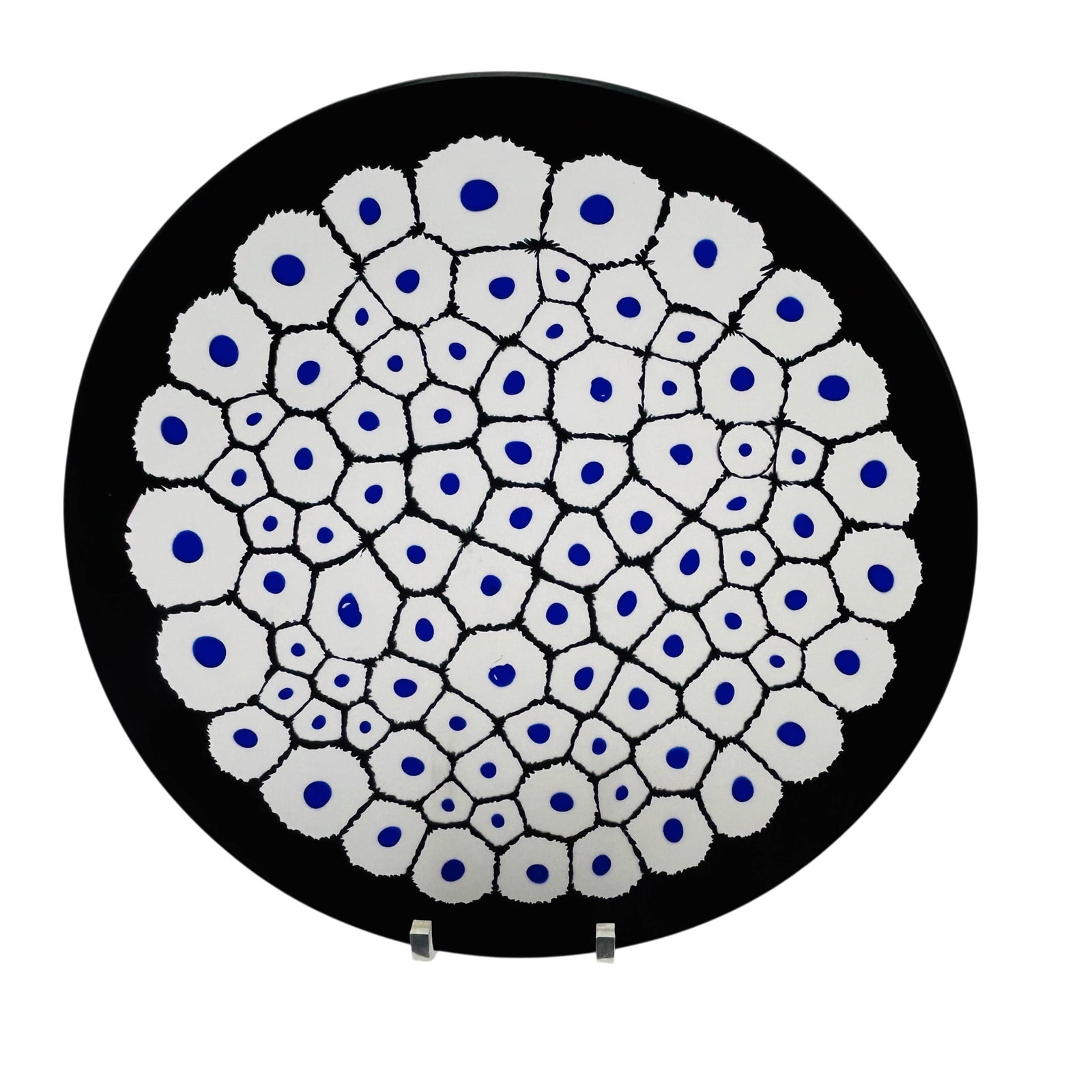 Nicola Moretti b.1964 Murano Glass Murrine Plate: Nicola Moretti (Italian, born 1964) mid century modern art glass plate. Features cross sectional slices of colored glass canes (murrine) fused into a geometric matrix. with blue circular accents and b