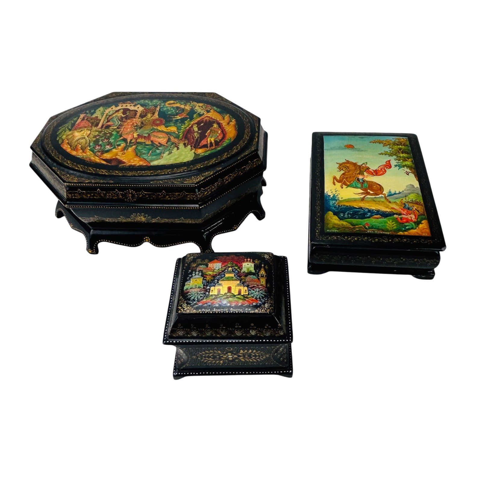 Russian Folklore Lacquered Trinket Boxes 3pc LOT (1 of 9)