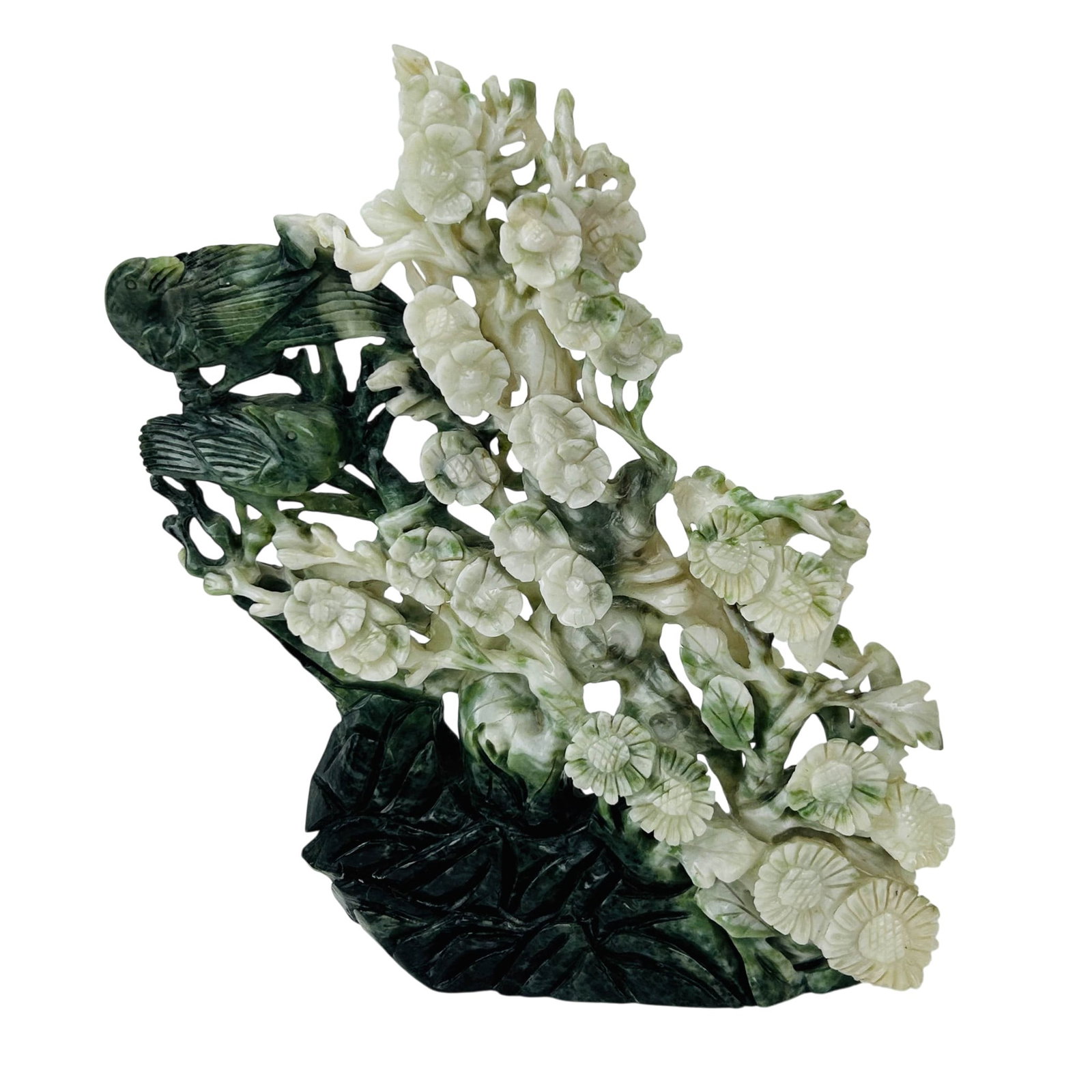 Chinese Carved Jadeite Birds & Blossoms Sculpture: Chinese carved jade hardstone sculpture depicting two birds perched among flowering peony and chrysanthemums style floral branches. Executed in openwork form with white and green mottled stone through