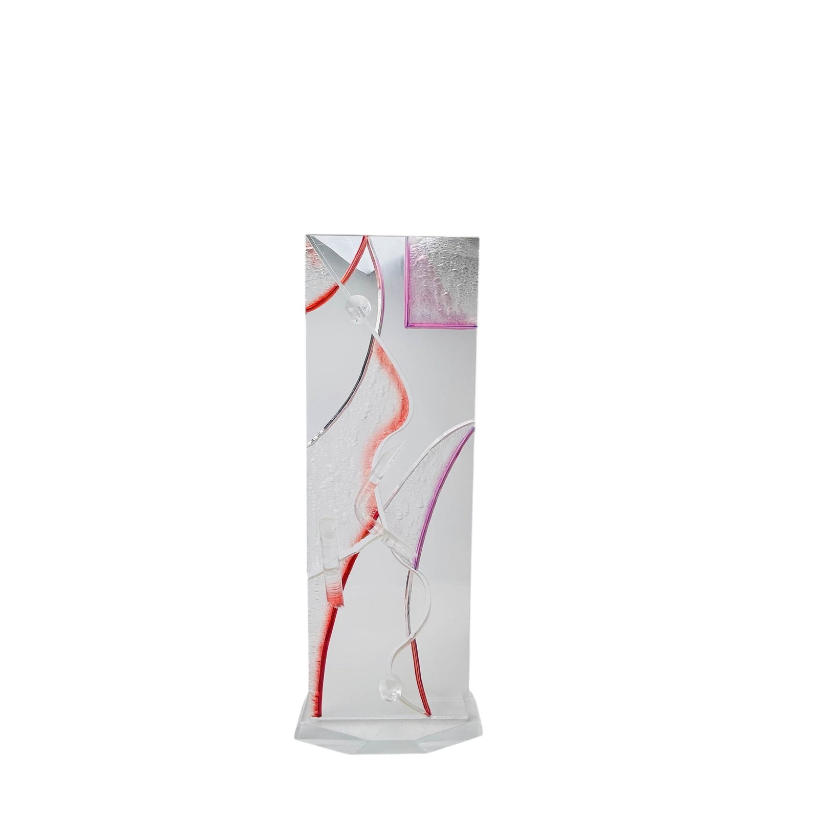 Lucite Geometric Abstract SIGNED Acrylic Sculpture: Post modern abstract sculpture having a clear vertical acrylic panel construction with textured pink and orange inclusions, applied curvilinear elements, and spherical accents mounted on shaped transp