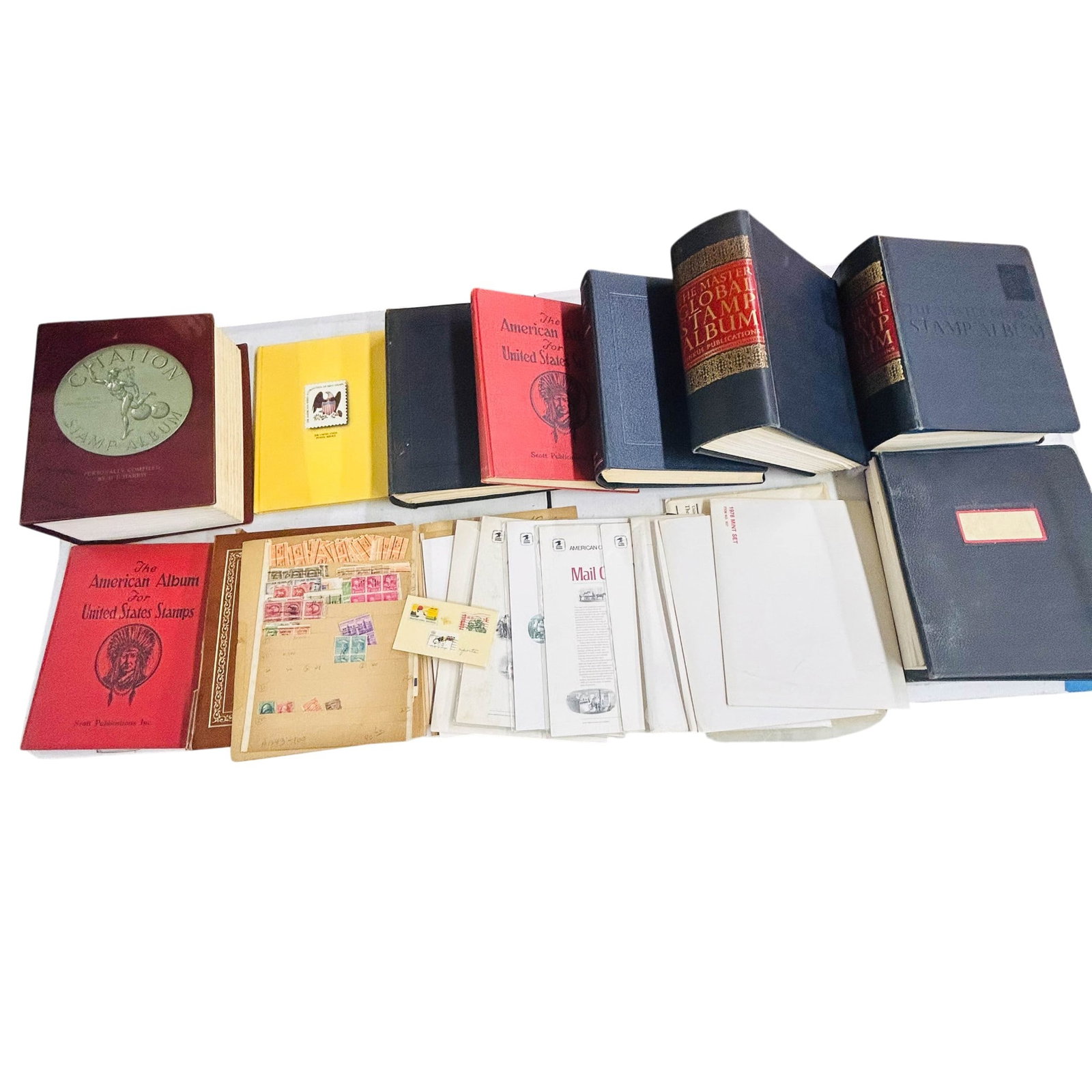 Large Worldwide Stamp Album Collection Group LOT: Large collection of worldwide postage stamp albums and philatelic materials including Minkus Master Global Stamp Album, H.E. Harris Citation Stamp Album, Scott Publications The American Album for Unit