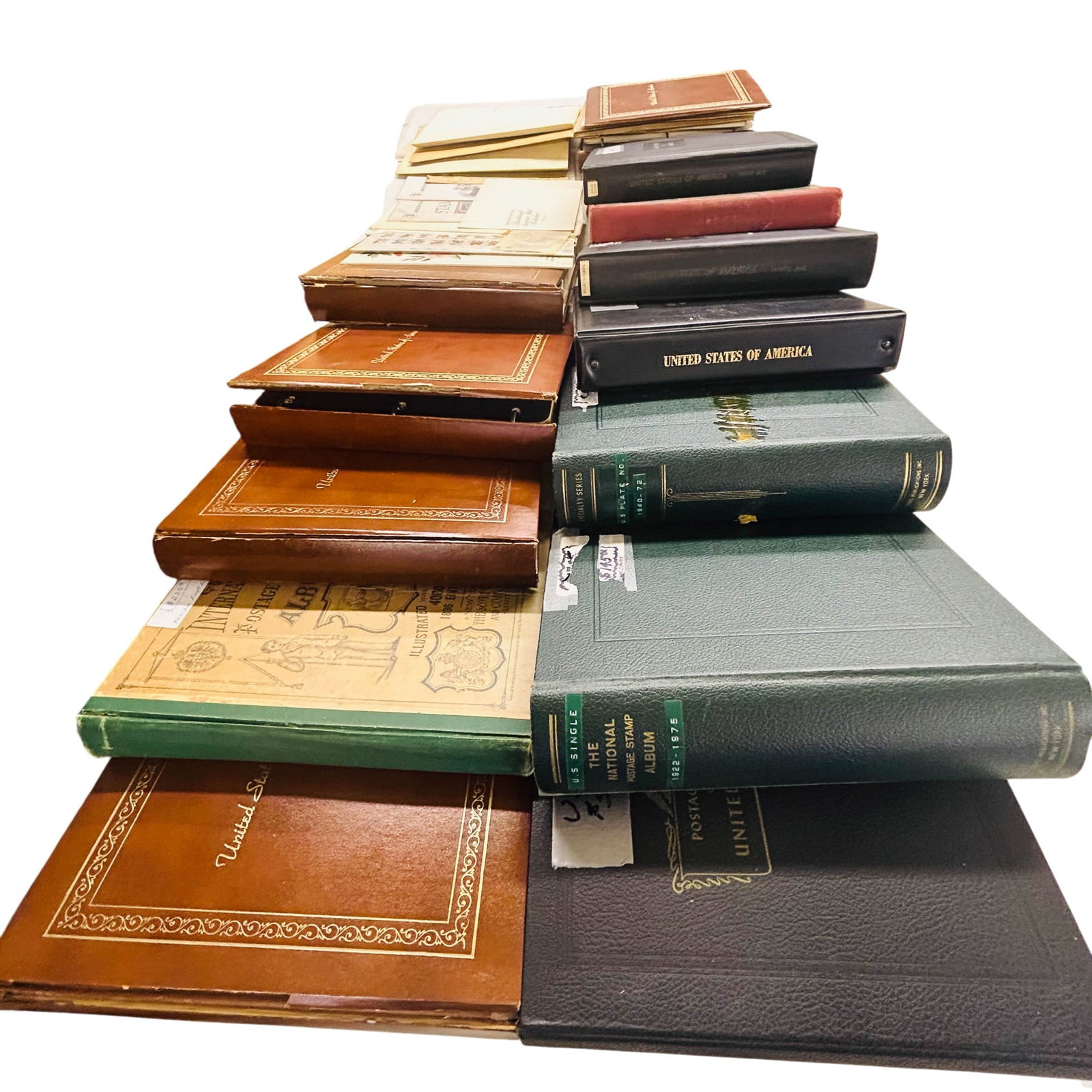 Worldwide, US Stamp Album Commemorative Binder LOT: Grouping of antique and vintage philately reference volumes featuring Scotts National Postage Stamp Album, White Ace Historical Album, International Postage Stamp Album Junior Edition, American Commem