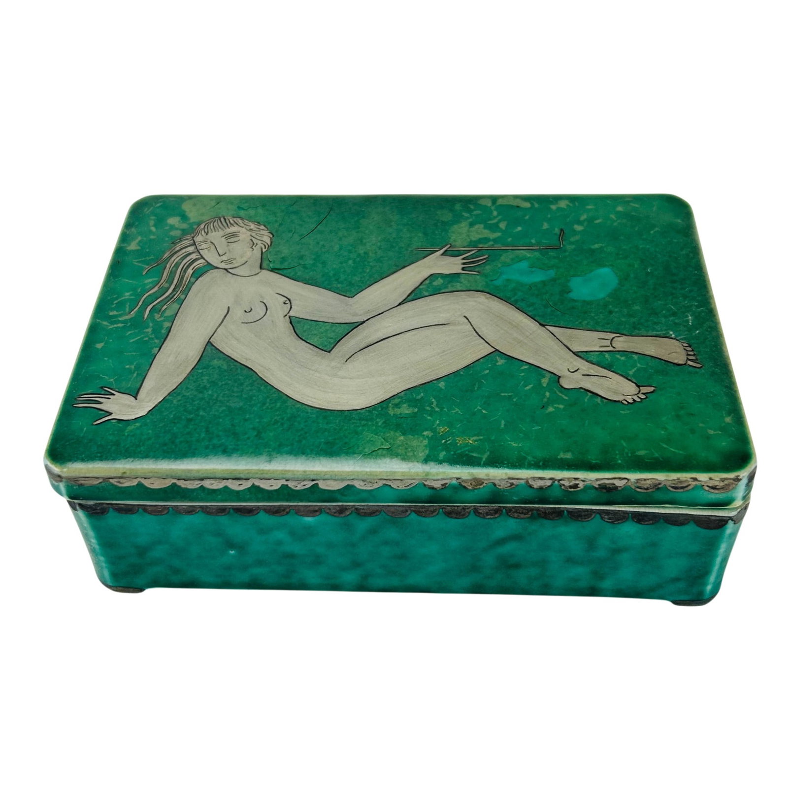 Gustavsberg Argenta Nude Silver Overlay Coin Box: Gustavsberg Sweden Art Deco lidded trinket jewelry box designed by Wilhelm Kage (Swedish, 1889-1960). Stoneware pottery form with oxidized green mottled glaze and hand applied silver overlay depicts a