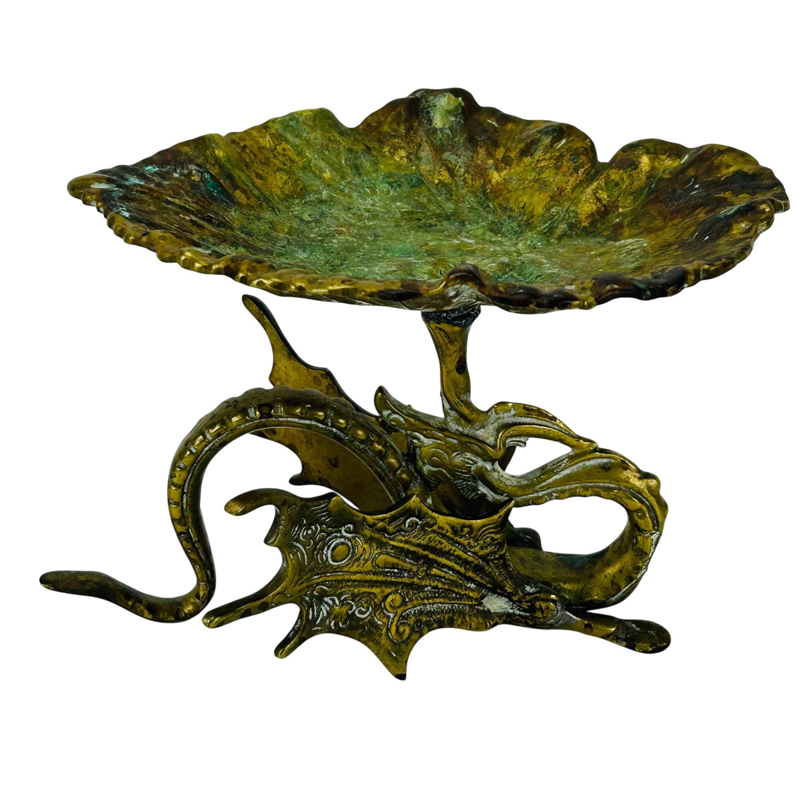 Art Nouveau Bronze Gothic Dragon Compote Dish: Cast bronze centerpiece featuring a scalloped leaf form basin upheld by a stylized mythical dragon creature. Displays scrolling ornamentation, textured modeling, and verdigris surface patination throu