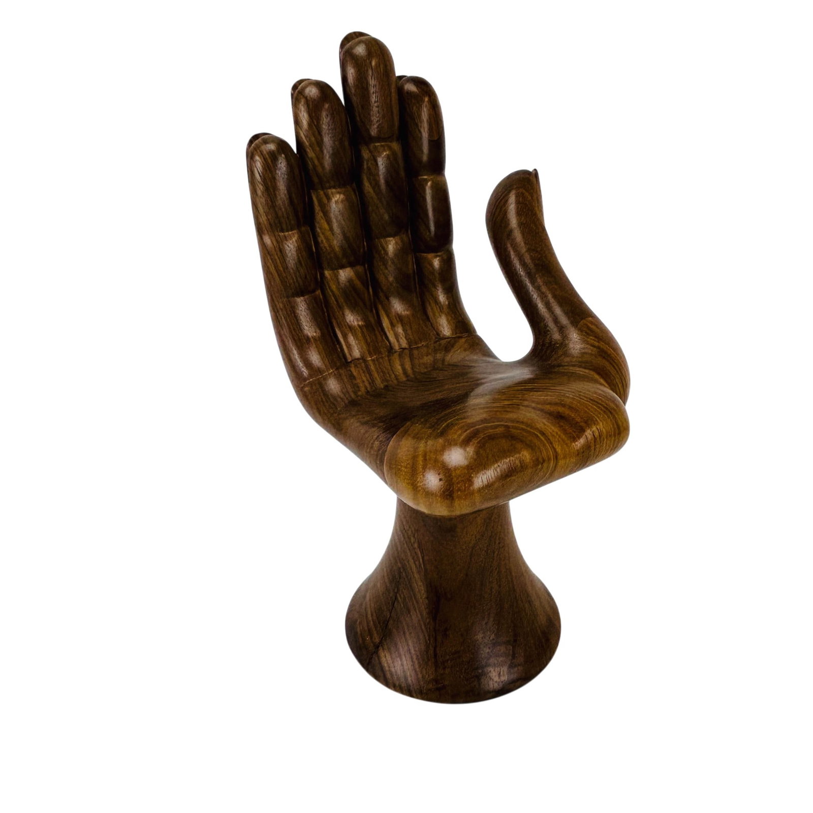 Mini Hand and Foot Wood Chair Manner of Friedeberg: Decorative miniature hand carved wooden sculpture modeled as an upright open hand with detailed fingers and thumb, mounted on an integrated pedestal base. Modeled in the style of Pedro Friedeberg (Ita