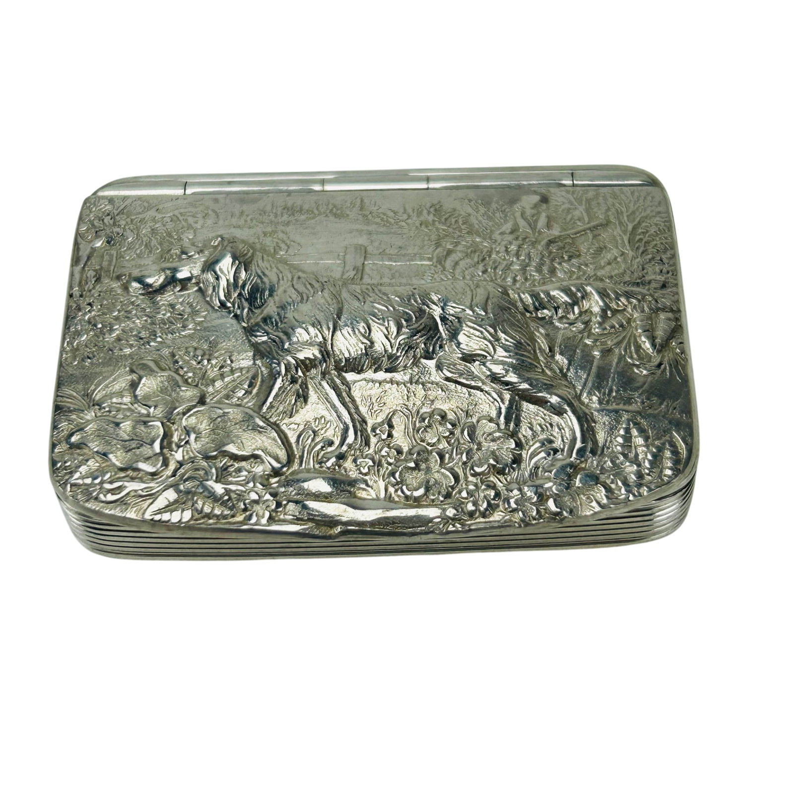 James Dixon Pewter Hunting Setter Dog Trinket Box: James Dixon & Sons Cornish pewter trinket jewelry storage box. Features a detailed relief scene of an Irish Setter hound hunting dog and game scene decoration to the hinged lid. Rectangular form with 