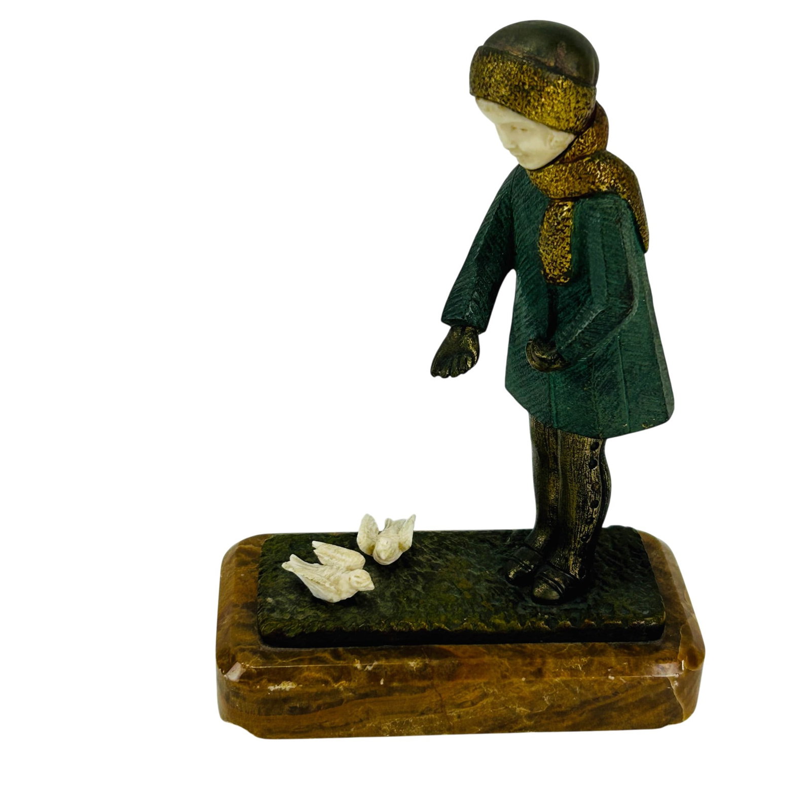 Art Deco Bronze Girl w/ Birds Sculpture after Lemo: Art Deco figural bronze sculpture after Armand Lemo (French, 1881-1935). Portrays a young girl with carved facial detailing and stylized proportions accented by cold painted elements, attired in a tex