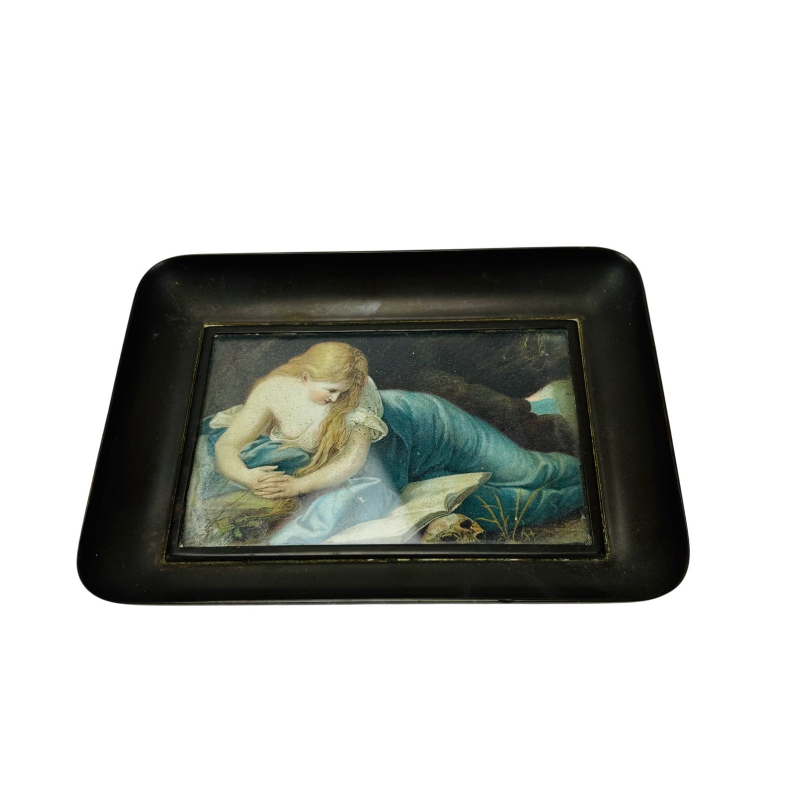 Mary Magdalene w/ Skull Watercolor after P Batoni: Framed watercolor figural study depicting a reclining female Mary Magdalene beside an open book and skull motif within a dark molded surround. Example is after the 1742 masterpiece The Penitent