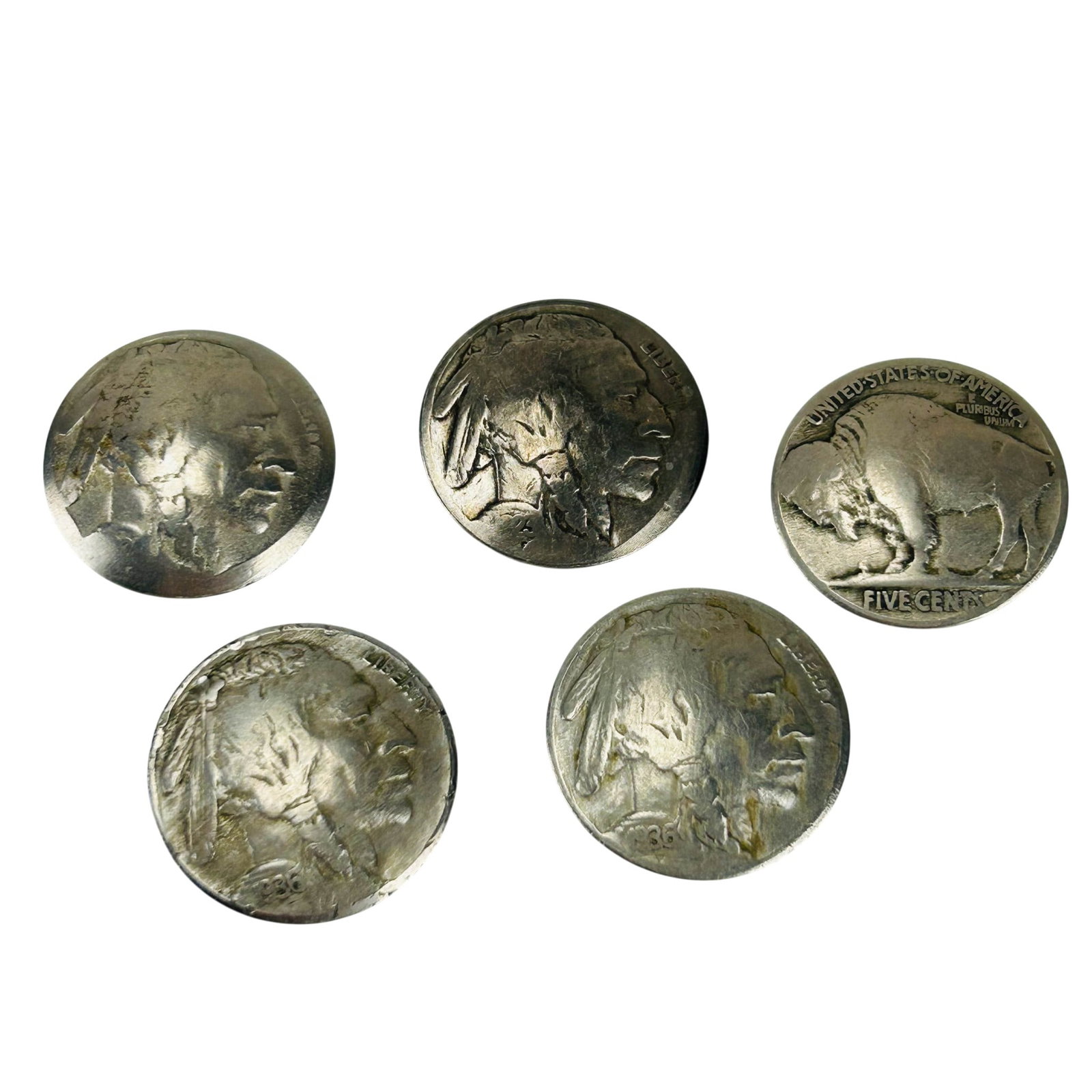 Five Buffalo Nickel Design Metal Snap Cuff Buttons: Group of five buffalo nickel design metal snap cuff buttons. Designed for attachment to garments or accessories Modeled after the classic American five cent coin featuring Native American profile and