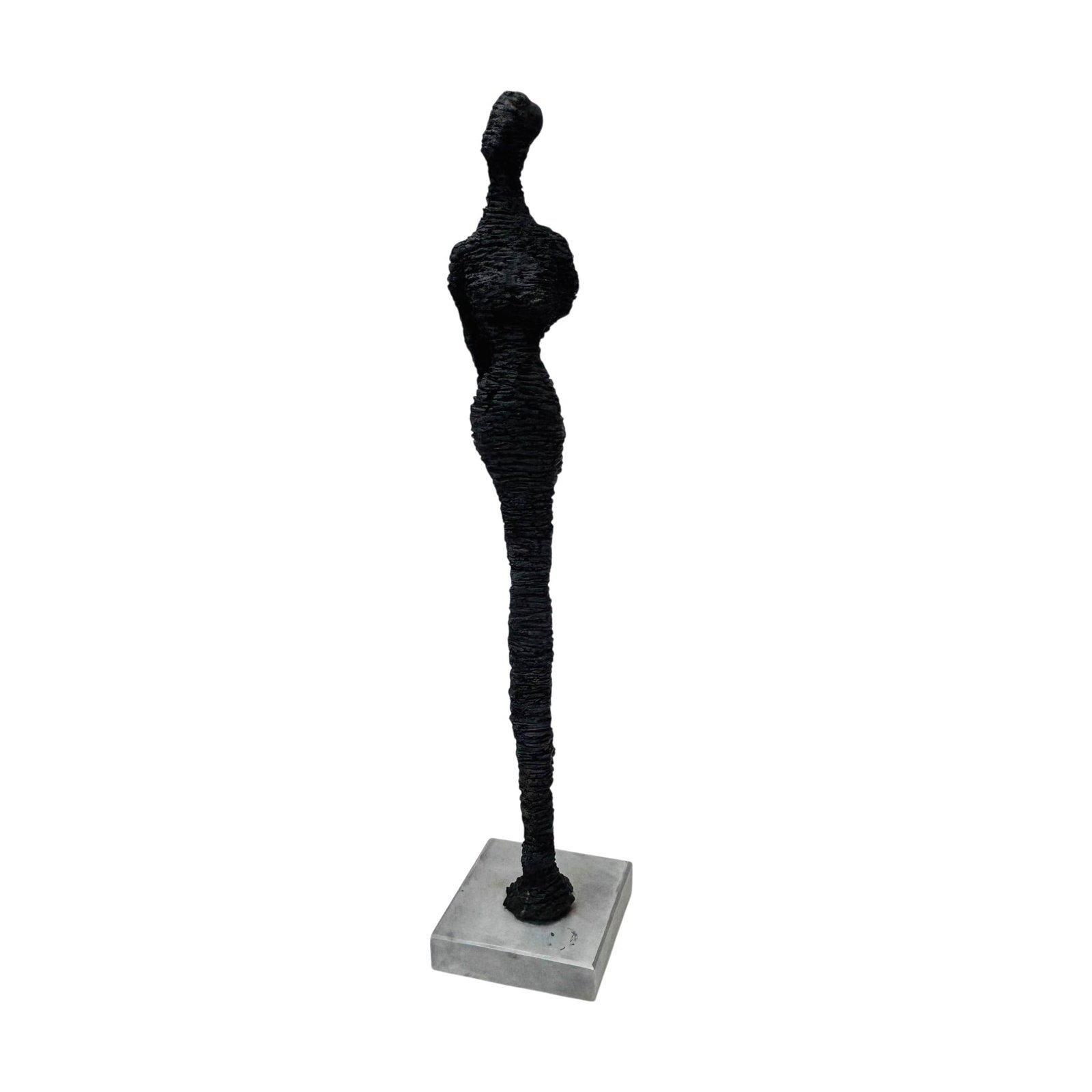 Brutalist Wire Lady Sculpture Style of Giacometti: Modernist figural woman sculpture in the style of Alberto Giacometti (Swiss, 1901-1966). Depicts an elongated standing female figure with heavily textured wire like surface and minimalist abstract