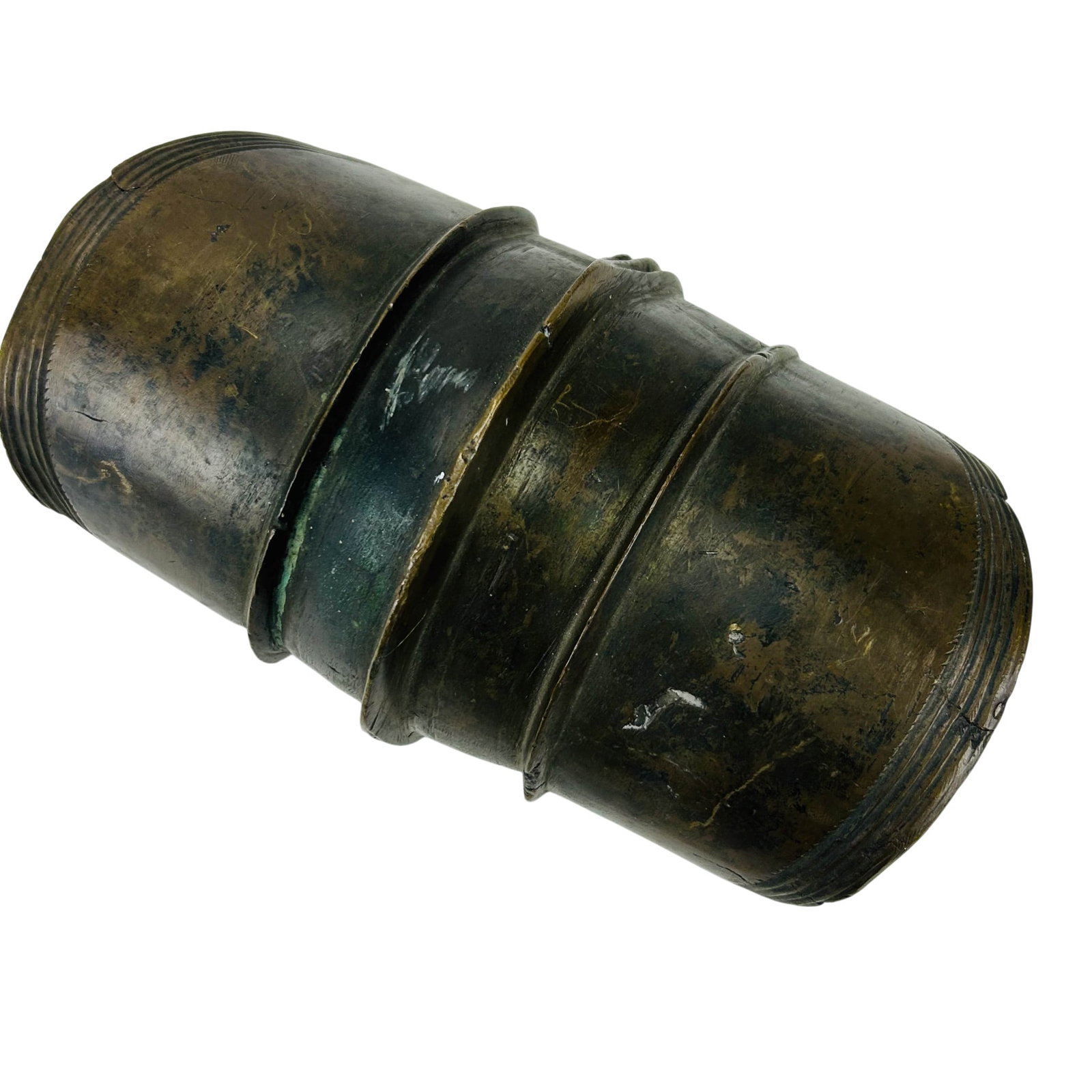 African Cast Bronze Metal Currency Ekonda Anklet: Cast bronze Ekonda traditional primitive West Central African non coinage monetary metal currency. Form object of tapered cylindrical shape with incised linear decoration and ribbed bands. Features