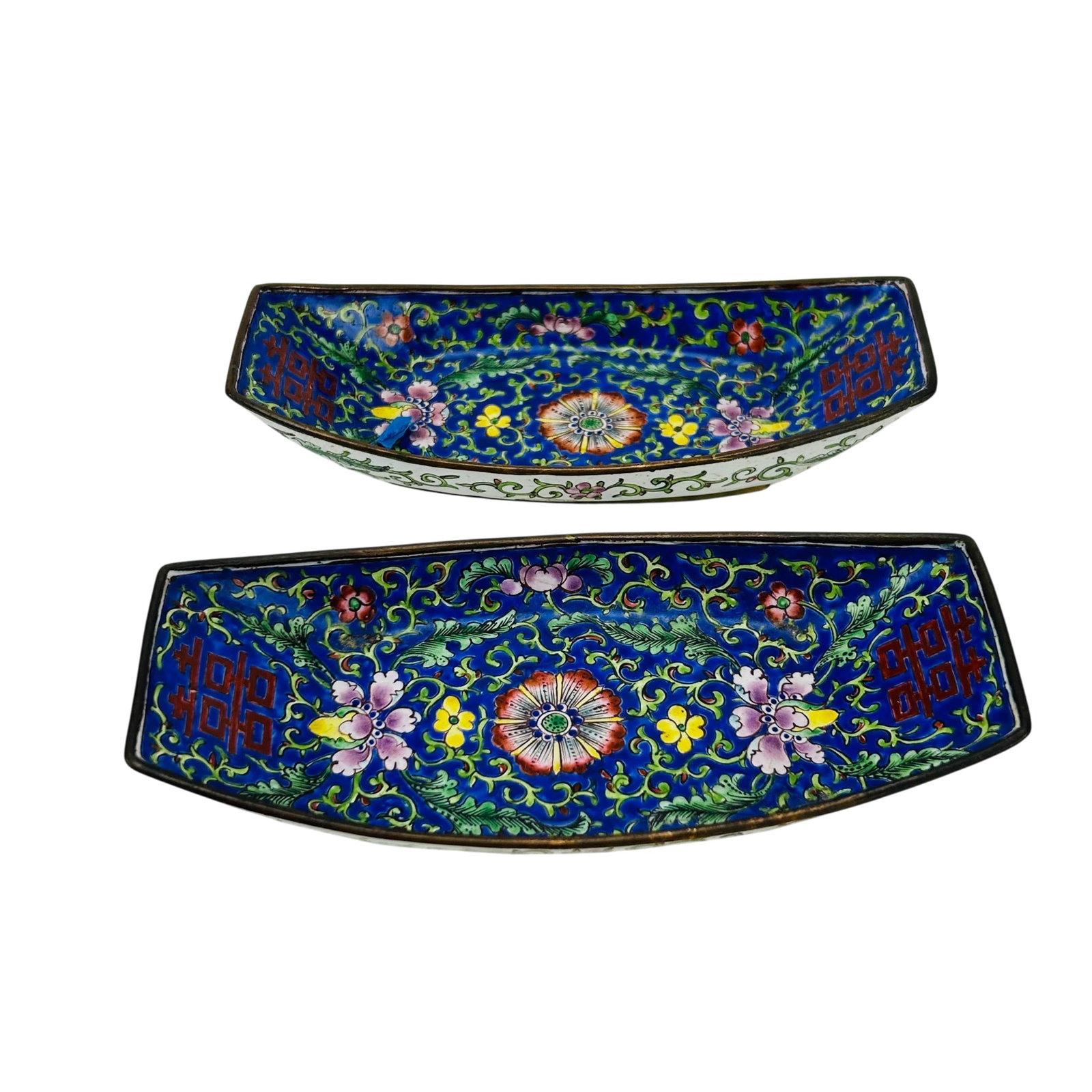 Chinese Pr Cloisonne and Enamel Floral Dish Trays: Pair of Chinese cloisonne enamel trays of elongated hexagonal form with cobalt blue grounds decorated with scrolling floral and foliate motifs. Each tray features the red double happiness character