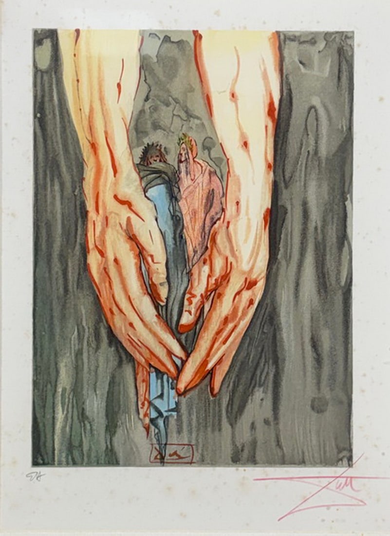Framed Dali 'The Coming Up of Geryon' Etching: Framed Salvador Dali color etching or heliogravure from the Dante / Divine Comedy series depicting The Coming Up of Geryon. Signed in red pencil lower right and numbered lower left. Includes printed D