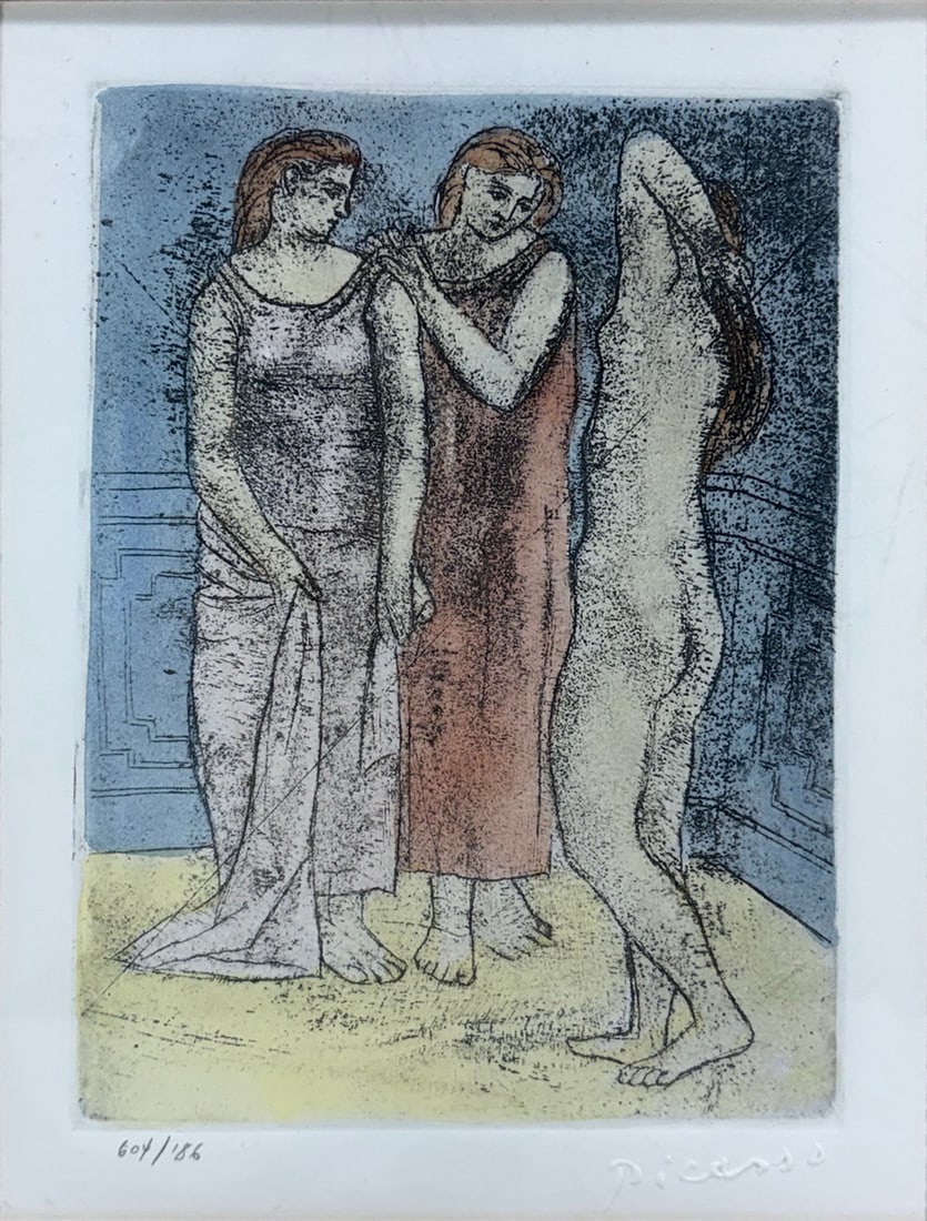 After Picasso 'The Three Graces' Framed Etching: Framed signed Picasso style etching depicting three standing female figures in a modernist composition. Numbered lower left 604/186 and signed in plate lower right Picasso. Housed in a gilt frame with