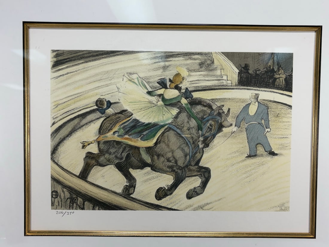After Toulouse-Lautrec Numbered Framed Lithograph: Framed numbered print after Henri de Toulouse-Lautrec depicting a dramatic equestrian circus scene with female rider atop a galloping horse and attendants within a performance arena. Pencil numbered