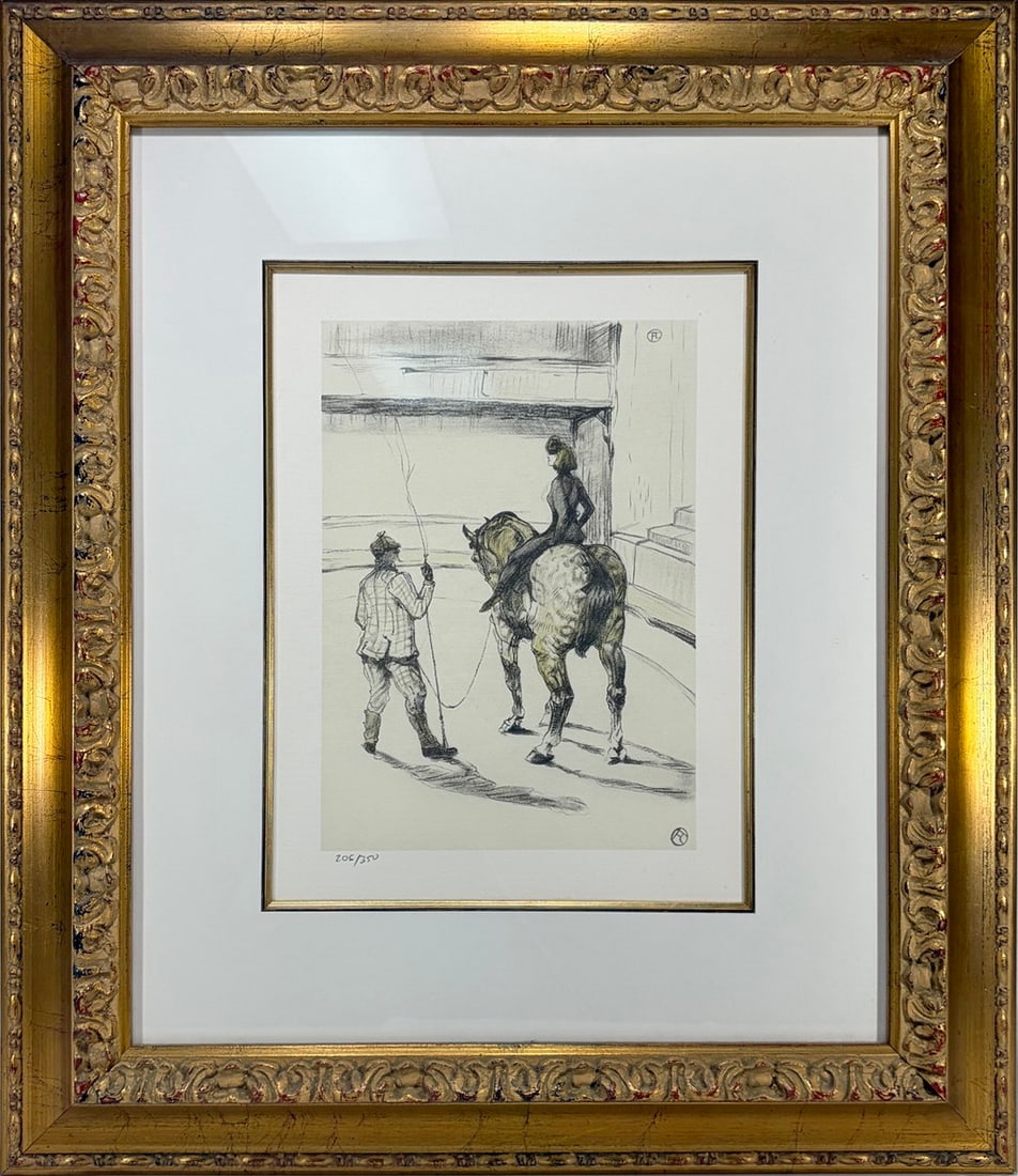 After Lautrec Circus Horse Framed Lithograph: Framed color lithograph after Henri de Toulouse-Lautrec titled 'Travail de Repetition du Lautrec-0119,' depicting a circus rider on horseback with trainer in arena setting. Pencil numbered lower left