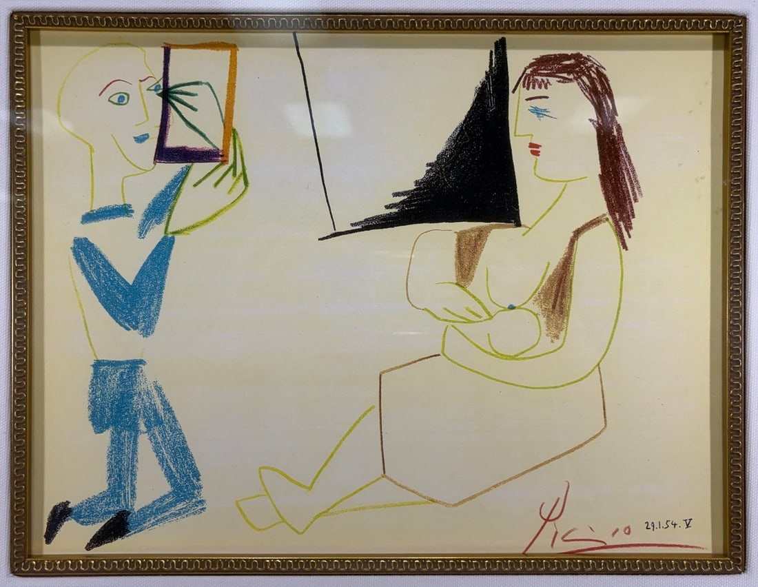 Picasso La Comedie Humaine Framed Lithograph: Framed vintage lithograph on paper after Pablo Picasso titled 'La Comedie Humaine,' dated 29-1-54. V within the composition. The abstract figural scene is rendered in Picassos characteristic