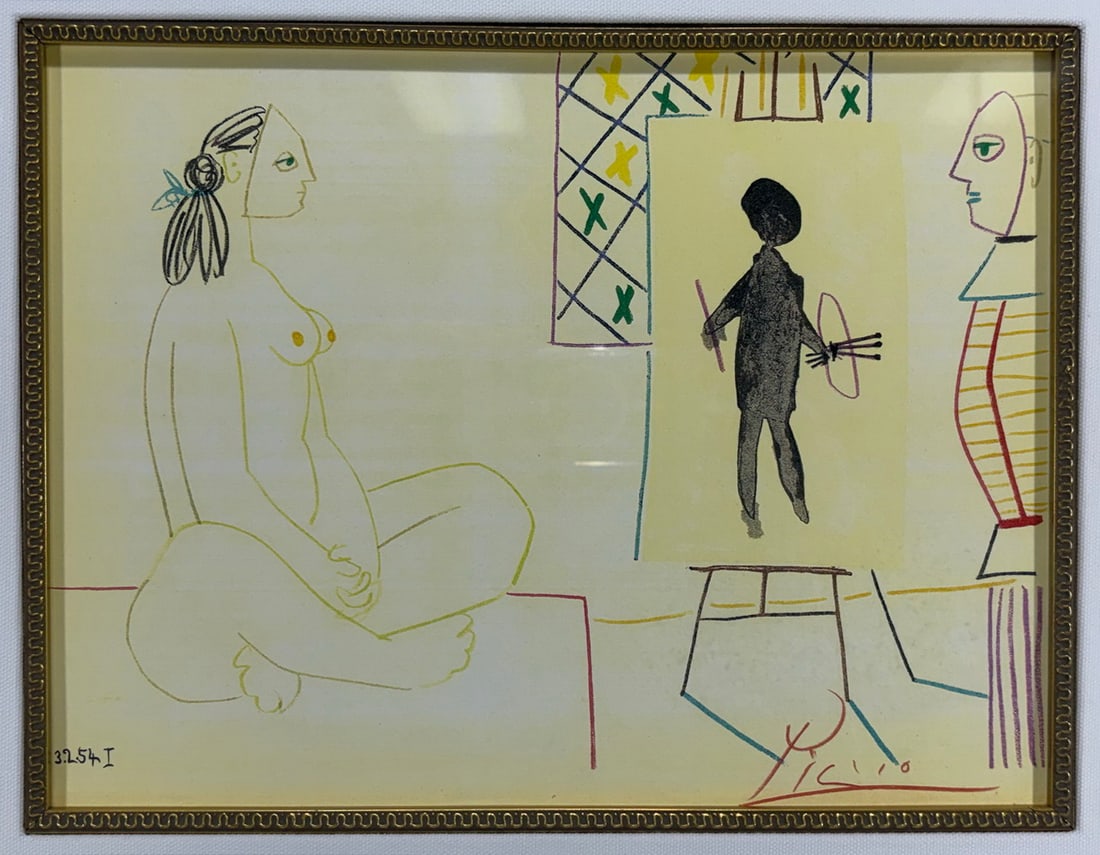 Picasso La Comedie Humaine Framed Lithograph: Framed color lithograph on wove paper after Pablo Picasso titled 'La Comedie Humaine 3-2-54 I,' dated within the plate lower left. Executed after the crayon drawing, with lithography by Mourlot and
