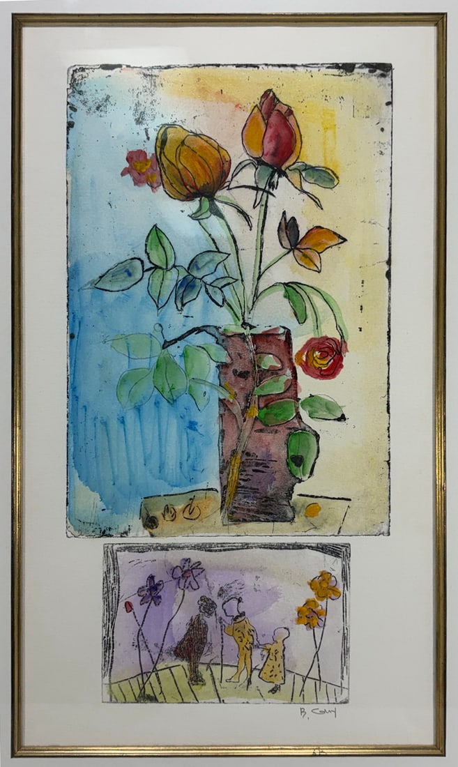 B. Cory Framed Floral & Figural Giclee Print: Framed color giclee on paper by B. Cory featuring a floral still life above a stylized figural scene with abstracted figures and flowers. Executed in a modernist palette with expressive linework and