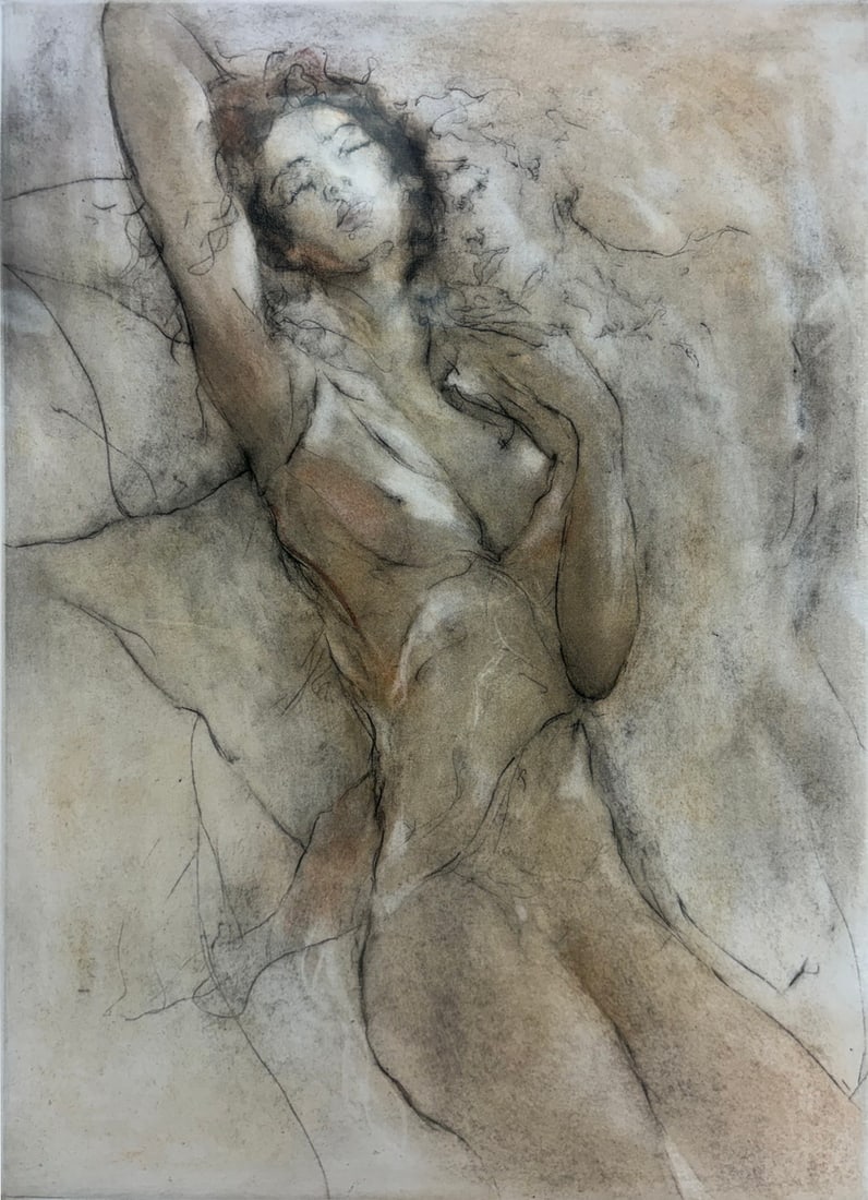 Framed Vintage Female Nude 'Presence' Giclee Print: Framed giclee print on paper after Bensi depicting a reclining female nude rendered in soft tonal shading and expressive contour lines. Titled Presence lower center and signed indistinctly lower
