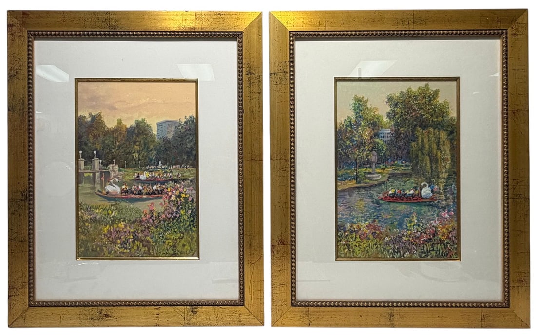 Pair of Parsons 'The Swan Boats' Giclee Prints: Pair of framed giclee prints on paper depicting the Boston Public Garden with Swan Boats, figures, and floral landscape elements in an impressionistic style. Apparently signed Parsons in plate.