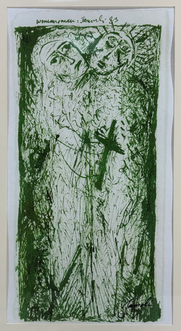 Framed Jamali 'Womanman' Abstract Giclee Print: Framed abstract giclee titled Womanman, dated 1983 within the image and signed lower right Jamali. The composition depicts two expressive stylized figures rendered in green with energetic gestural lin