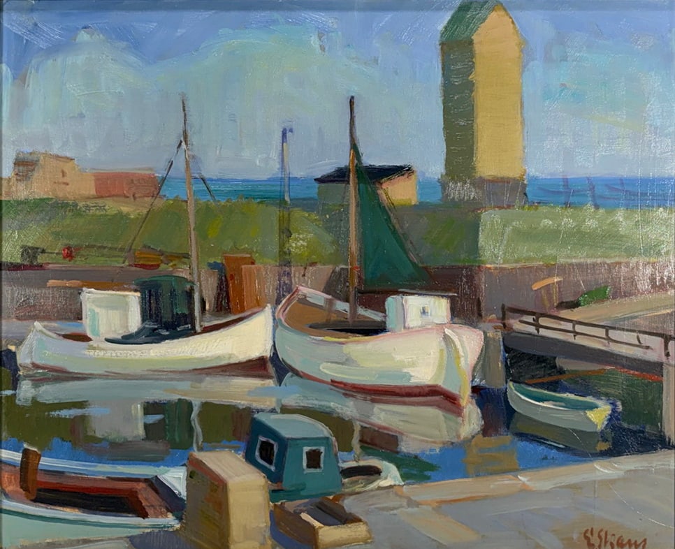 Gustaf Eskil Skans Swedish Harbor Scene Painting: Oil on Masonite harbor scene by Swedish artist Gustaf Eskil Skans, depicting docked boats and waterfront buildings in an expressive modernist style. The composition features bold brushwork and soft mu