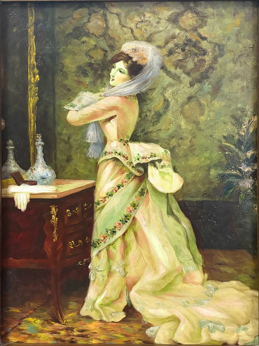 Framed Romantic Lady Oil Painting on Canvas: Hand-painted oil painting depicting an elegant lady in period attire standing beside a vanity table. Executed in rich romantic style with textured brushwork and soft coloration. Housed in an ornate ca