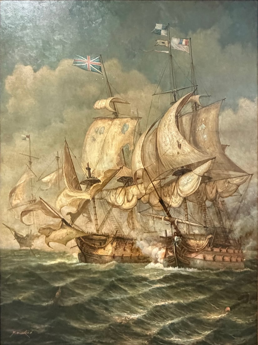 Signed Maritime Battle Oil Painting on Canvas: Hand-painted oil painting depicting sailing warships engaged in maritime battle at sea beneath dramatic cloudy skies. Executed in detailed traditional style with textured brushwork and rich nautical c