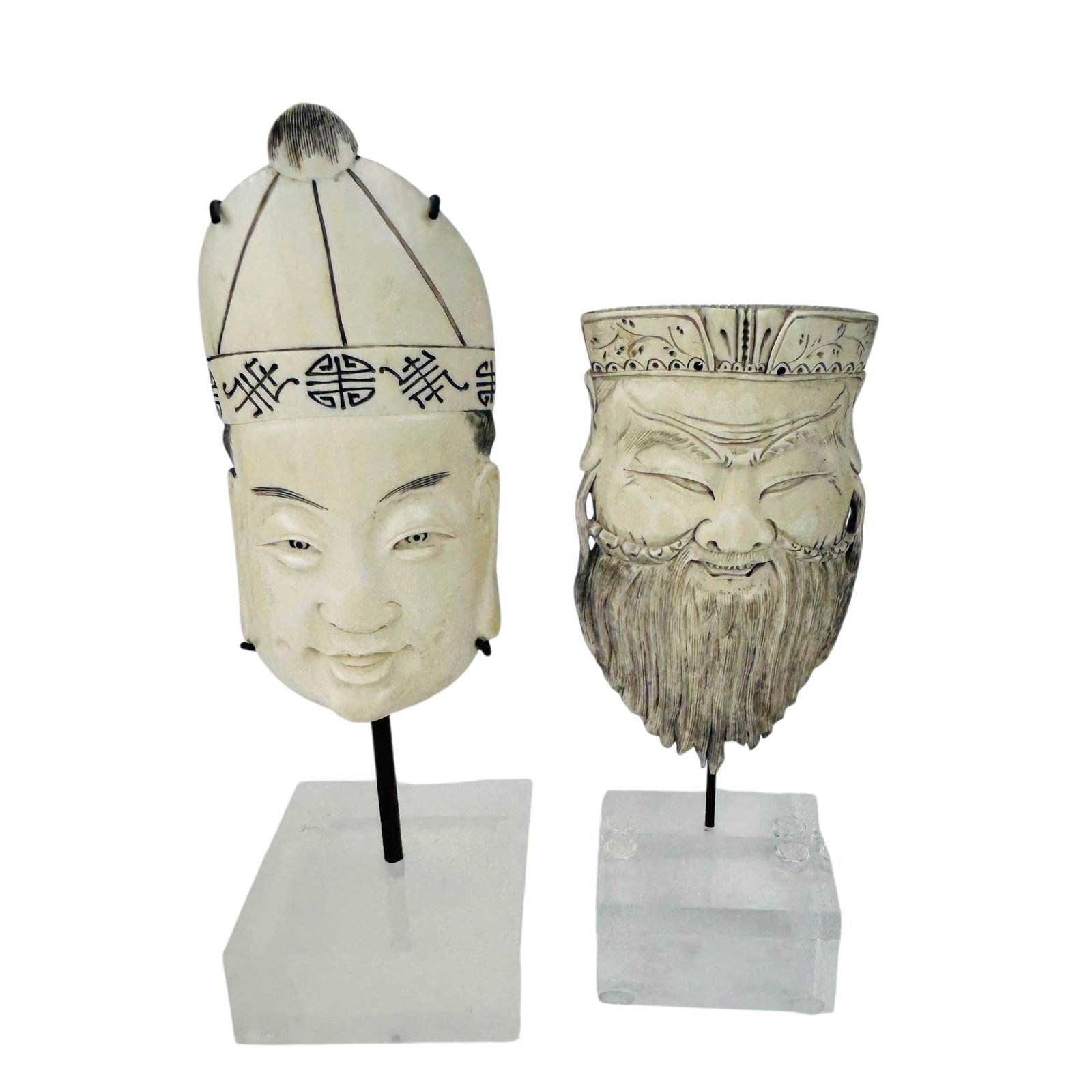 Chinese Pair Carved Portrait Faces on Lucite Stand (1 of 4)