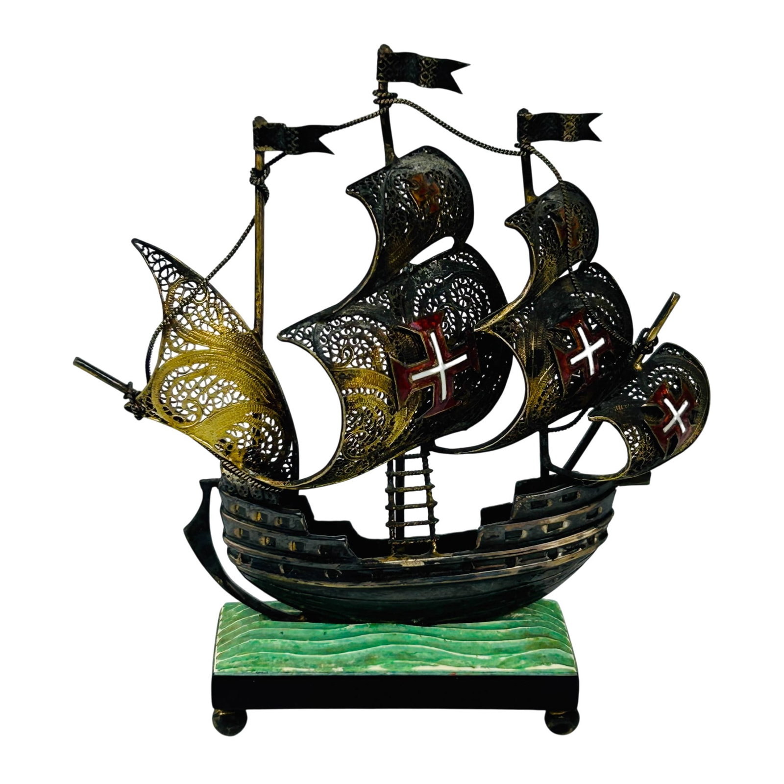 800 Silver 4" Portuguese Caravel Mini Sailing Ship: 800 silver decorative Portuguese caravel mini sailing maritime vessel boat. Features intricate filigree sails with red and white cross motifs representing the Cross of the Order of Christ, pennant fla