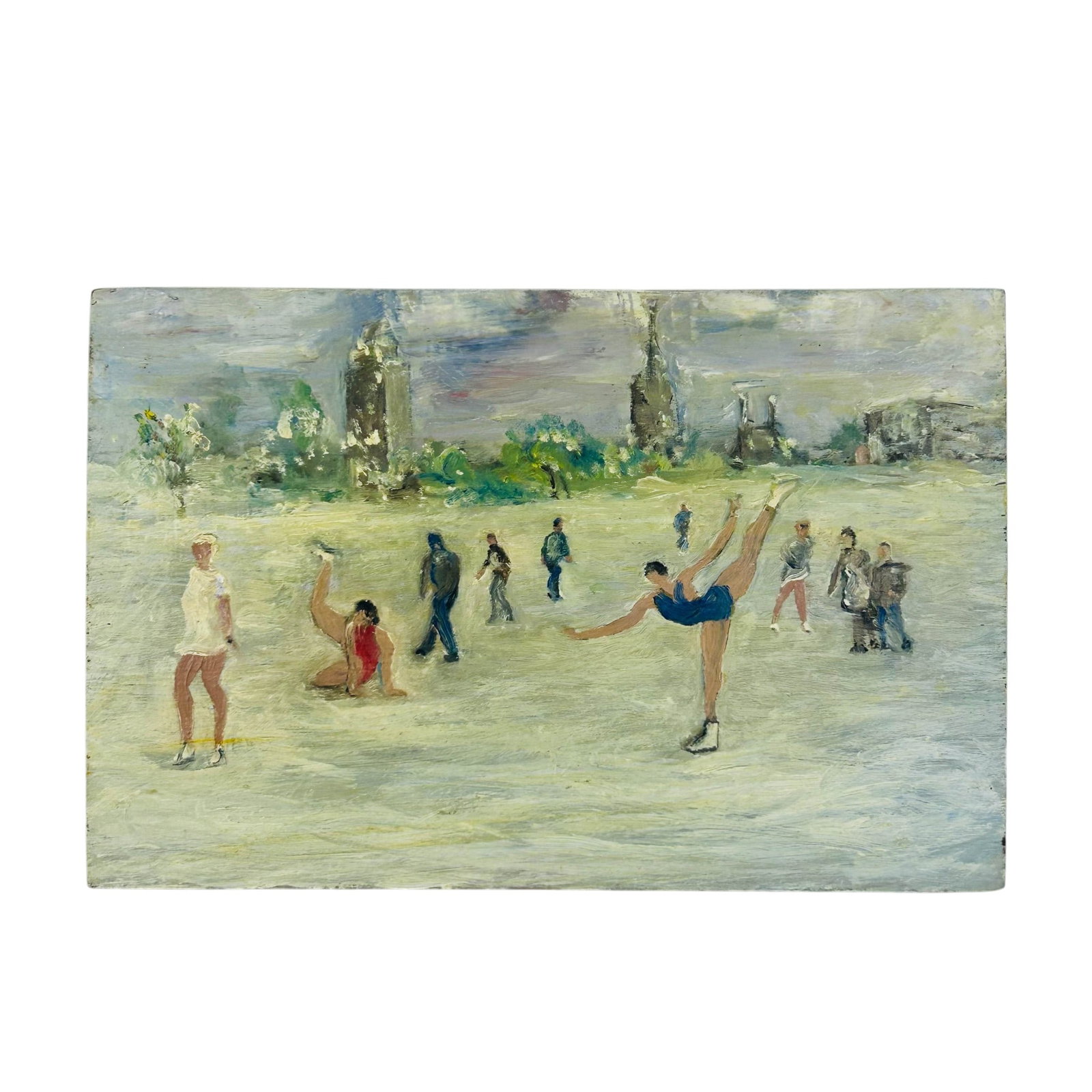 New York School Ice Skating Oil Painting on Board (1 of 2)