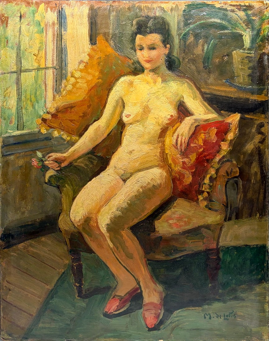 Marguerite de Lottis Nude Oil Painting on Canvas: Oil on canvas painting depicting a seated female nude figure in an interior setting, signed lower right “M. de Lottis.” Verso inscribed “Marguerite de Lottis, Ecole Italienne.” Additio