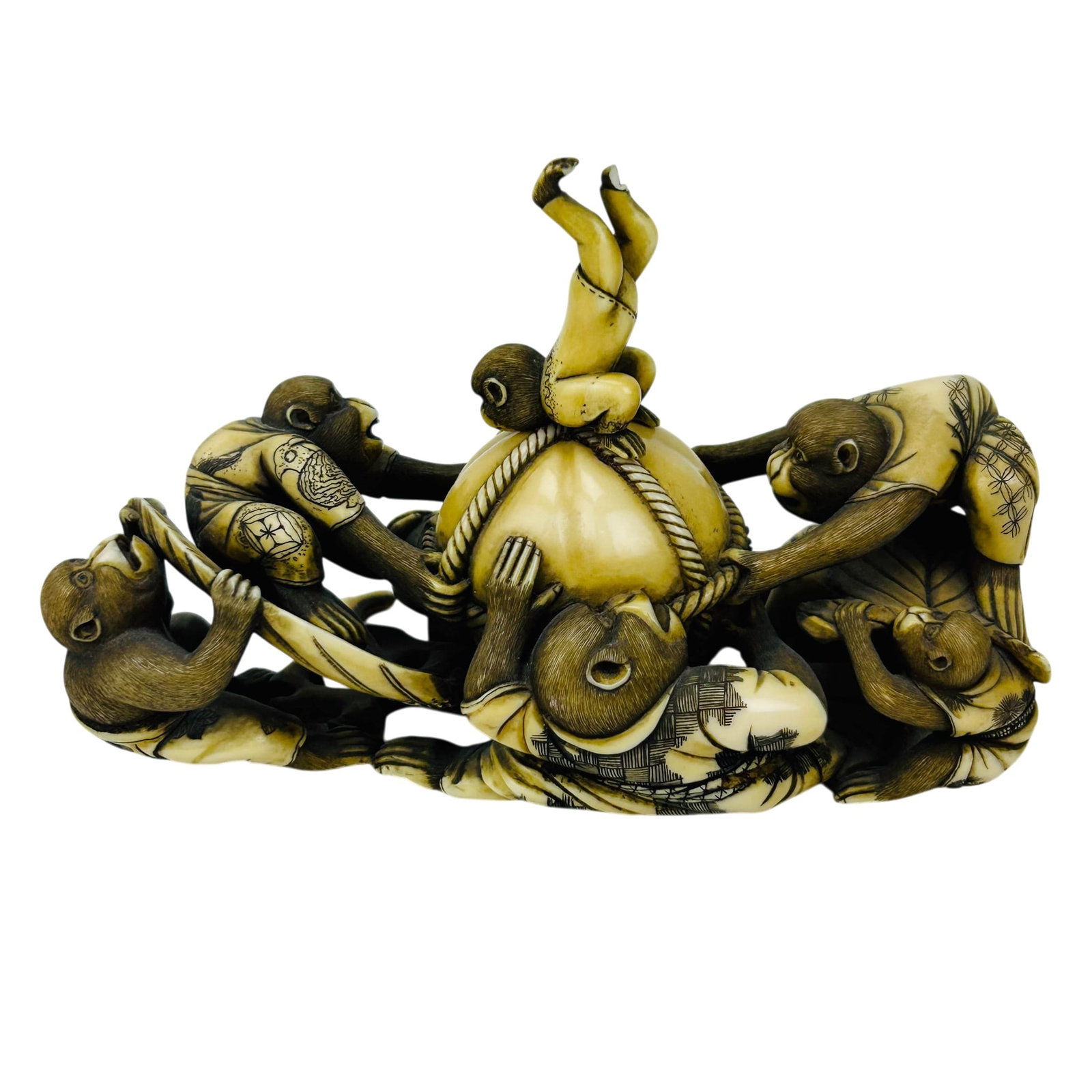 Japanese Meiji Period Carved Monkey w Sack Okimono: Japanese Meiji Period (1868-1912) hand carved figural group decorative okimono sculpture depicting multiple monkeys engaged with a sack of rice. Executed in a natural occurring material and dark stain
