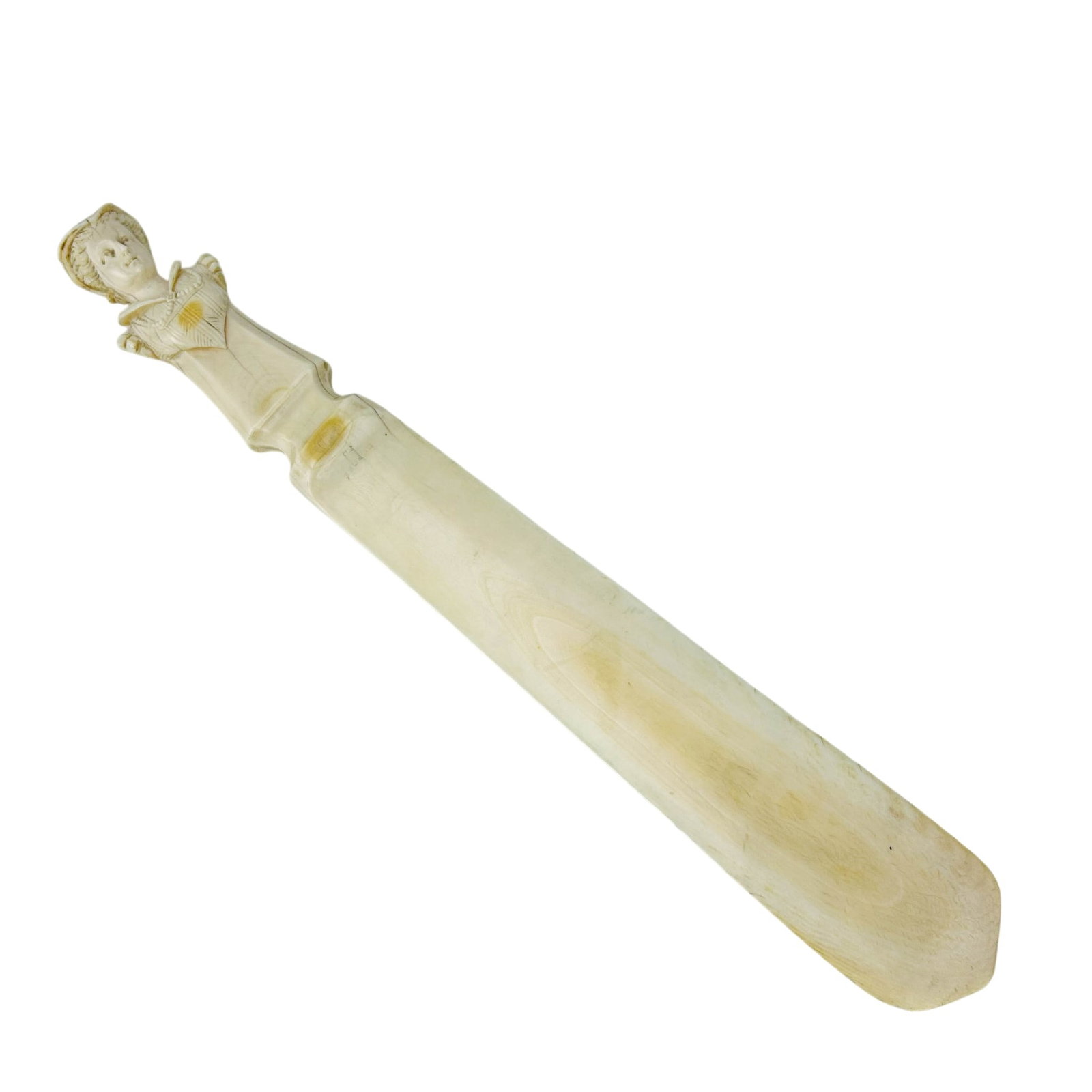 Antique Carved Lady Bust Letter Opener Page Turner: Early 20th century desk accessory hand carved from naturally occurring material. Features a stylized finial handle carved into a figural female bust in period dress transitioning into a broad tapered 