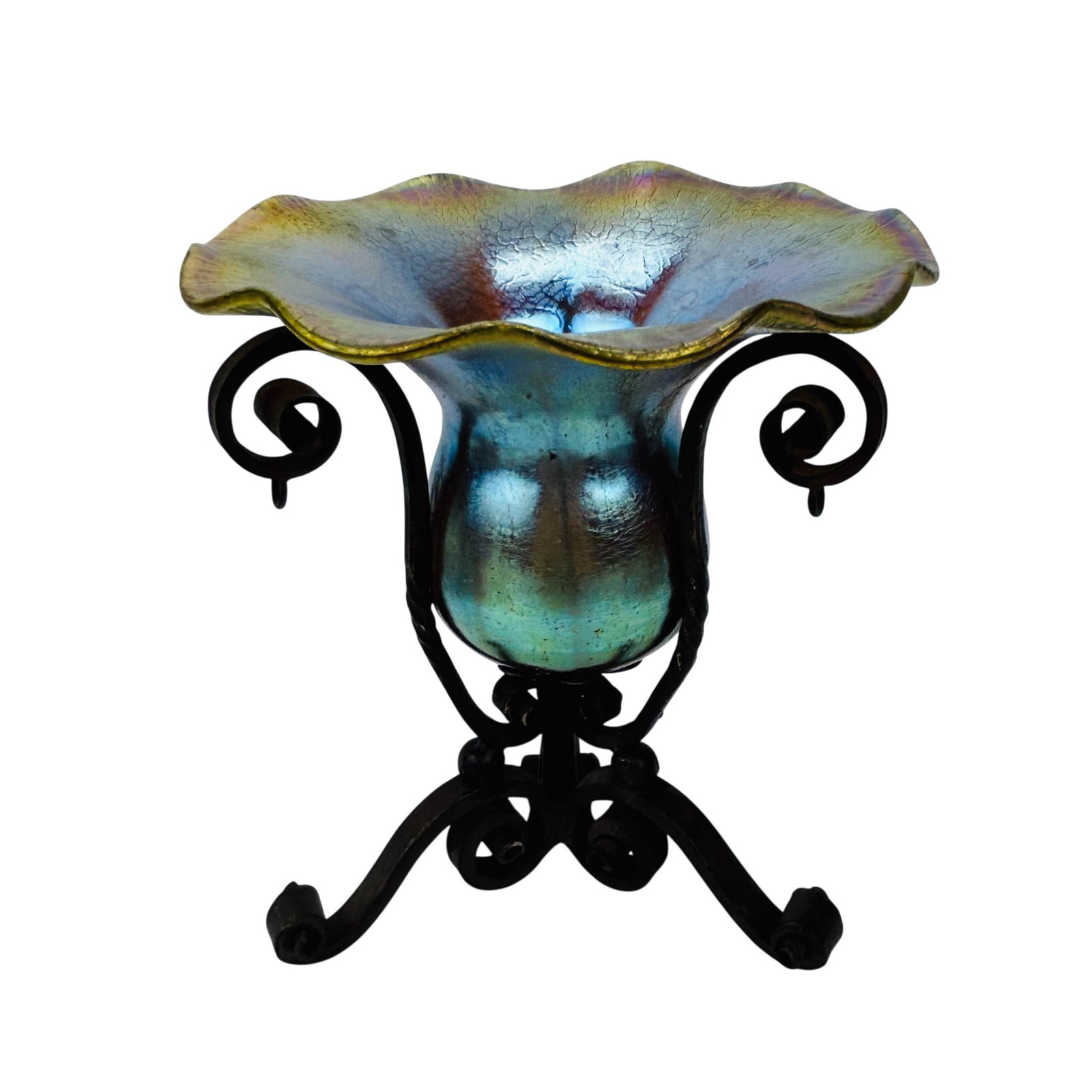 Loetz Style Iridescent Art Glass Vase w Iron Stand (1 of 4)