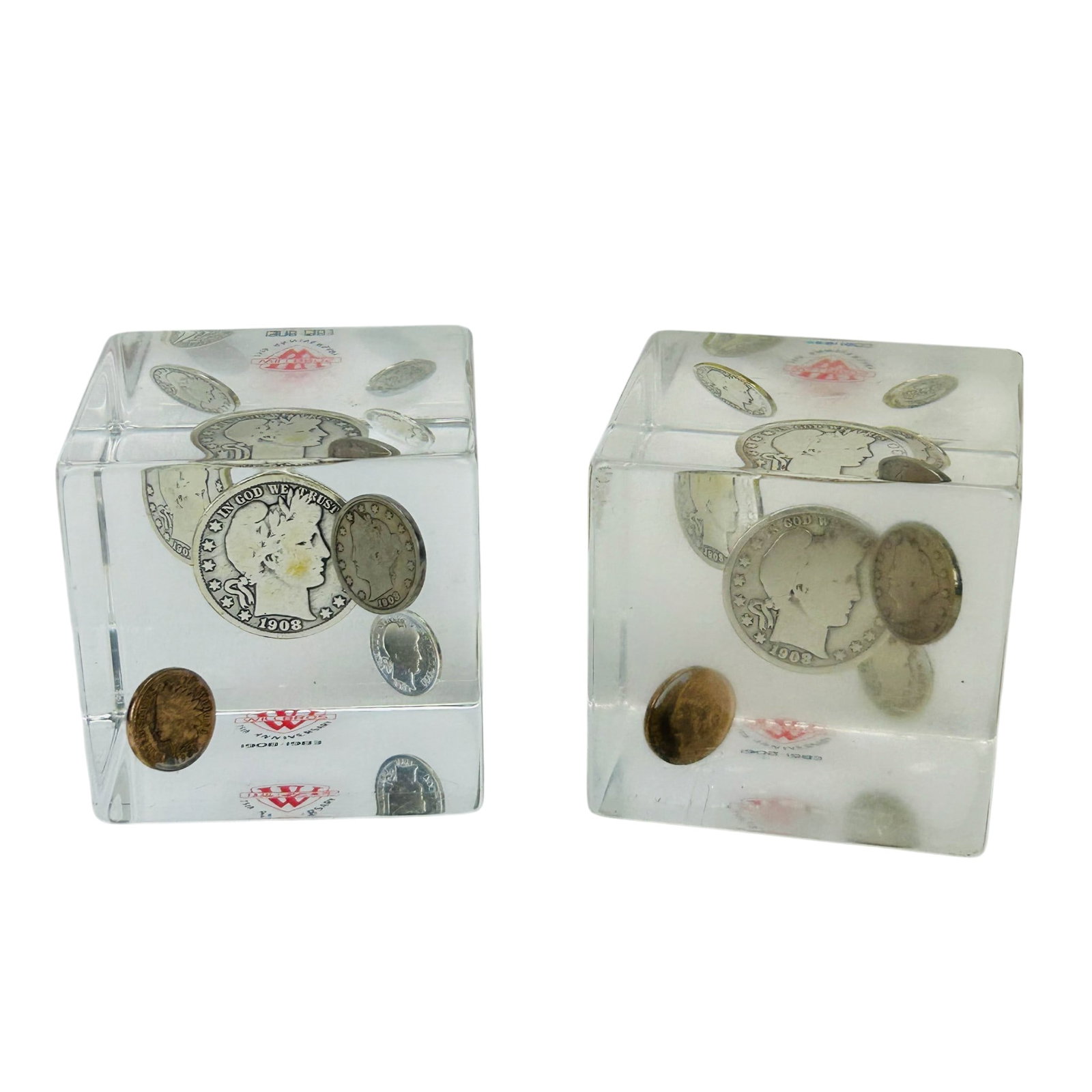 Pair Lucite Cube Paperweights w Suspended US Coins (1 of 8)