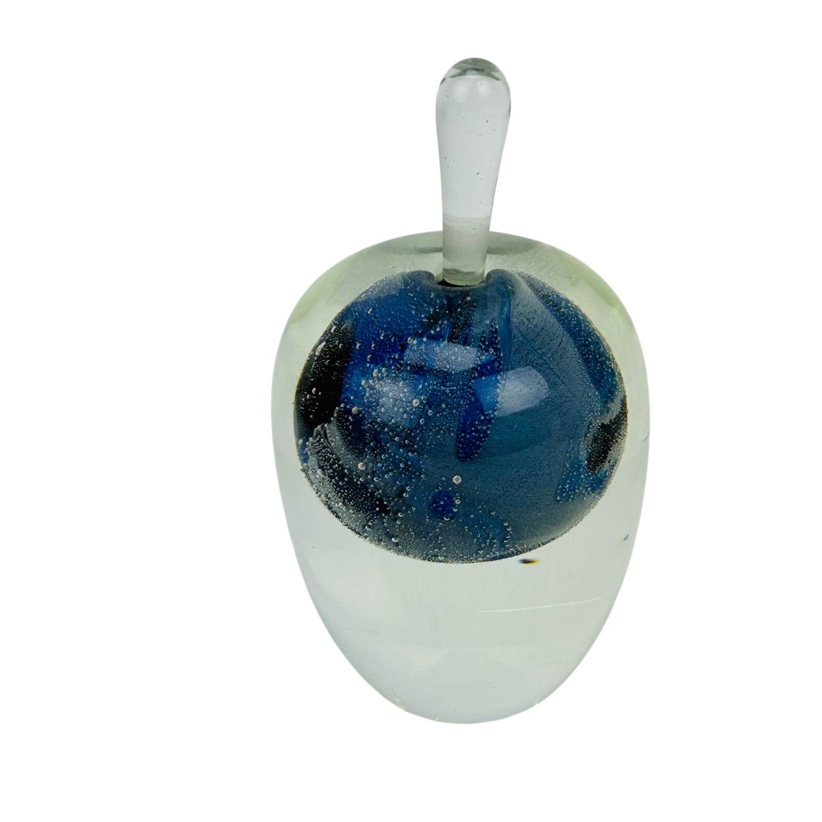Josh Simpson b.1949 Art Glass Scent Perfume Bottle: Josh Simpson (American, born 1949) art glass perfume bottle. The cosmic planetary design features a multicolored mass form encased in clear liquid molten crystal with removable tapered glass stopper. 