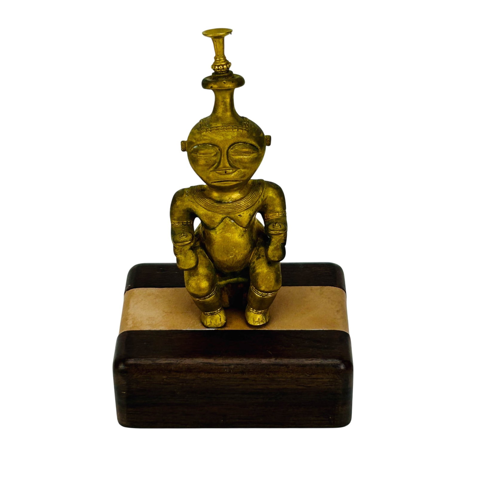 Pre Coumbian Style Tairona Poporo Figure w Stopper: Pre-Columbian style figural poporo (lime holder) vessel depicting a seated anthropomorphic figure, likely an important chief, shaman or spiritual guardian. Modeled with elongated head and stylized