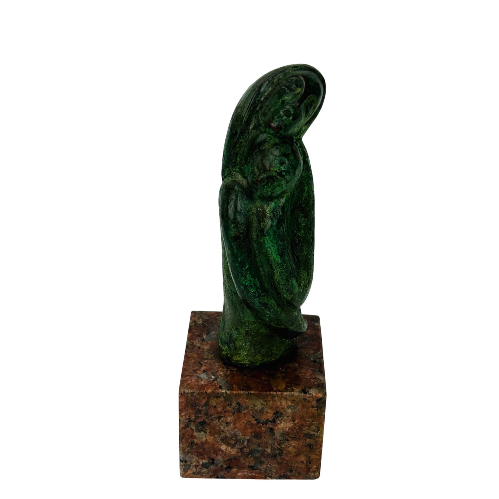 Bronze Mother w/ Child Modernist Sculpture SIGNED: Bronze figural sculpture depicting a stylized female form with elongated body and abstracted facial features, holding a baby. Finished with a green patinated surface and mounted on a polished square