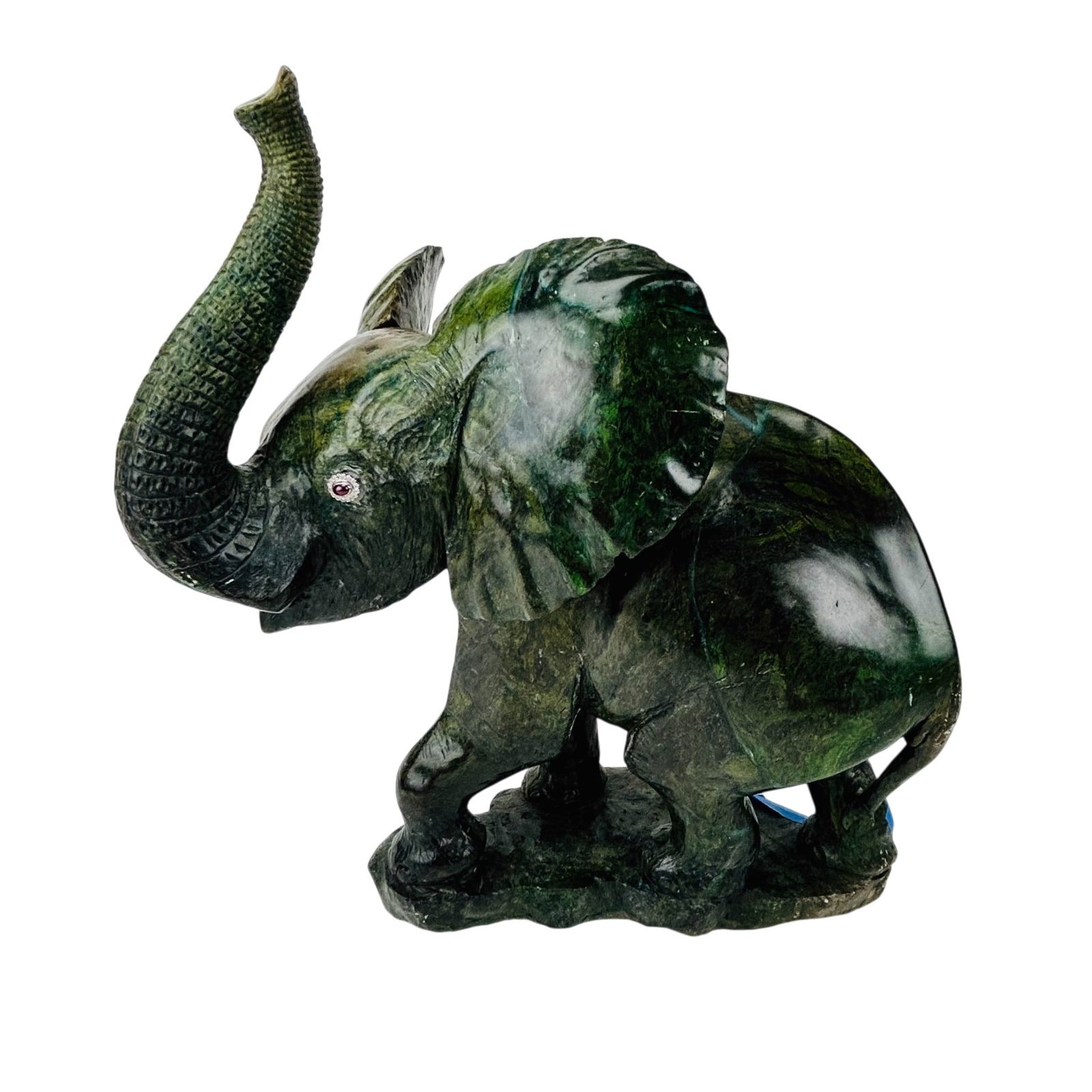 Serpentine Stone Elephant 14K Gold Eyes w Diamonds: Green serpentine rock stone sculpture of an elephant trunk up, having 14K white gold inset with diamonds and ruby red stone eyes. Carved by the Shona people of Zimbabwe. Highly prized for it's