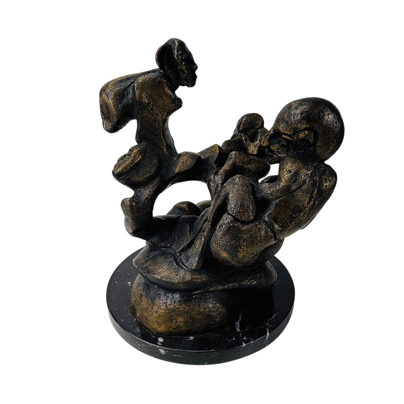 Arthur Beart Cast Bronze LE Brutalist Sculpture: Arthur Beart bronze figural sculpture depicting an abstract group composition of seated and reclining figures. Executed in a strongly influenced brutalist manner. Mounted on a circular variegated