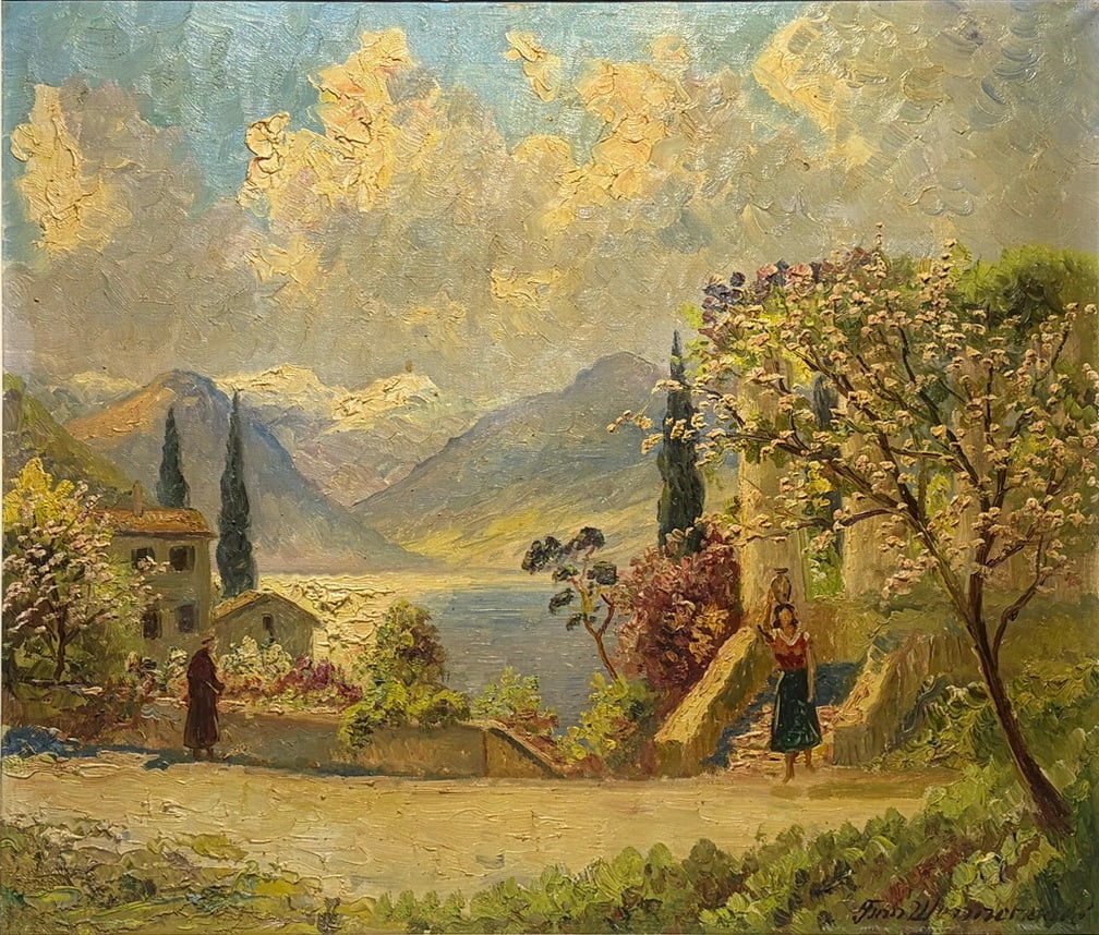 Finn Wennervald Danish Mountain Landscape Painting: Oil on canvas landscape painting by Danish artist Finn Wennervald, depicting a mountainous lakeside village scene with flowering trees, distant peaks, and figures along a path. Executed in an