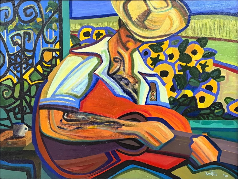Santos E. Mendez Cuban Oil Painting on Canvas: Original oil painting on canvas titled “Soy Guajiro” by Cuban-born artist Santos E. Mendez, depicting a seated guitar player in a stylized modernist composition with sunflowers and wrought