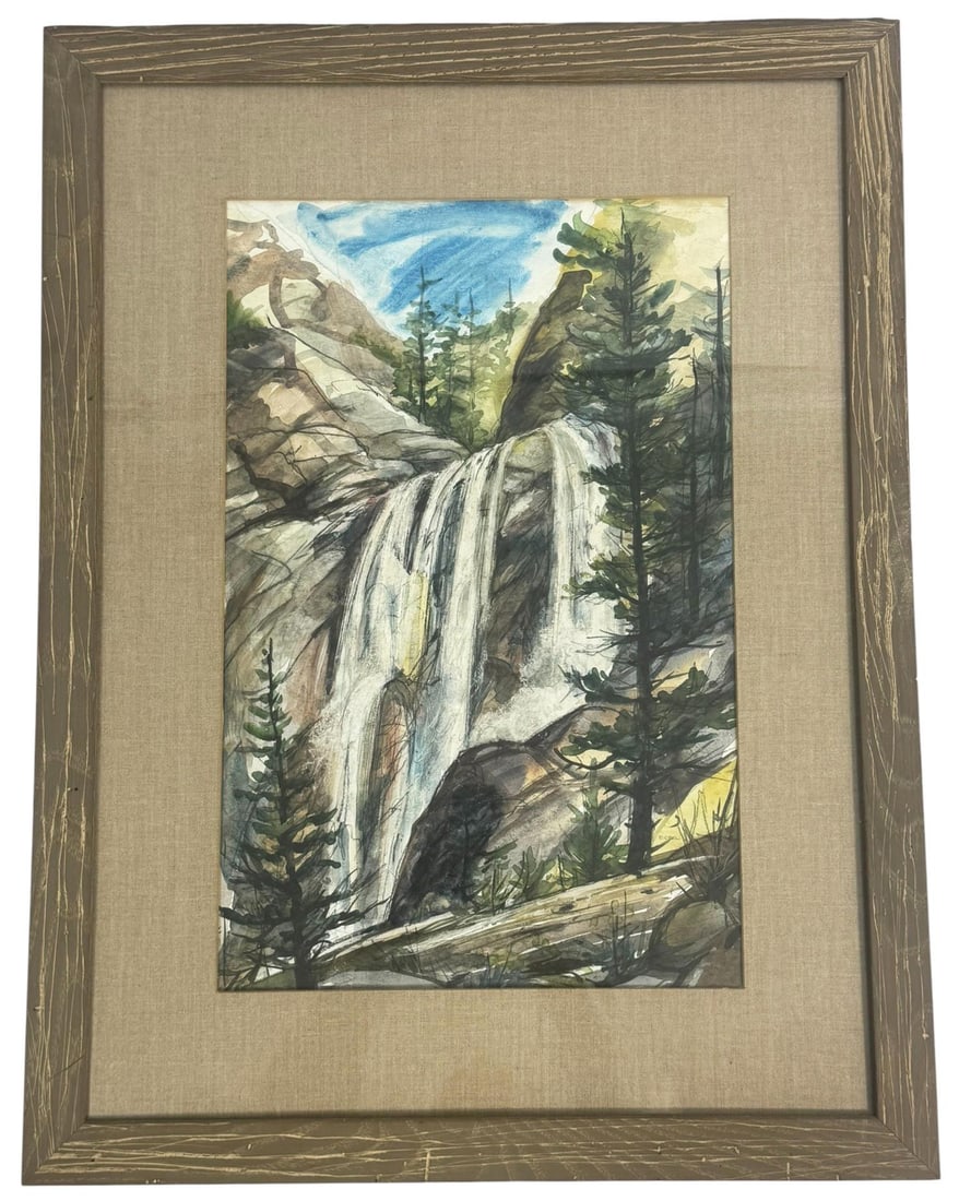 Edith Obel Watercolor Painting Waterfall SIGNED: Edith Obel (American, 20th/21st century) watercolor painting on paper titled 'Waterfall'. Depicting a dramatic mountain landscape with a cascading waterfall surrounded by pine trees and rocky