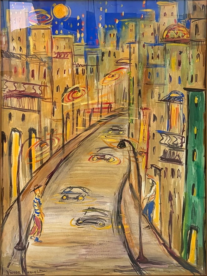 After Victor Manuel (Cuban, 1897-1969) Watercolor: Framed modernist style watercolor cityscape painting depicting an elevated roadway through a colorful urban skyline beneath a night sky. Executed in an expressive manner with bold linear forms and vib