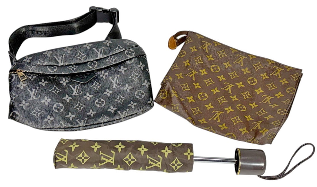 Famous Design Fanny Pack, Umbrella & Bag 3pc: Group of three famous design monogram accessories including a belt bag, zip cosmetic pouch, and compact umbrella with monogram patterned exteriors and gold tone hardware. The largest measures approxim